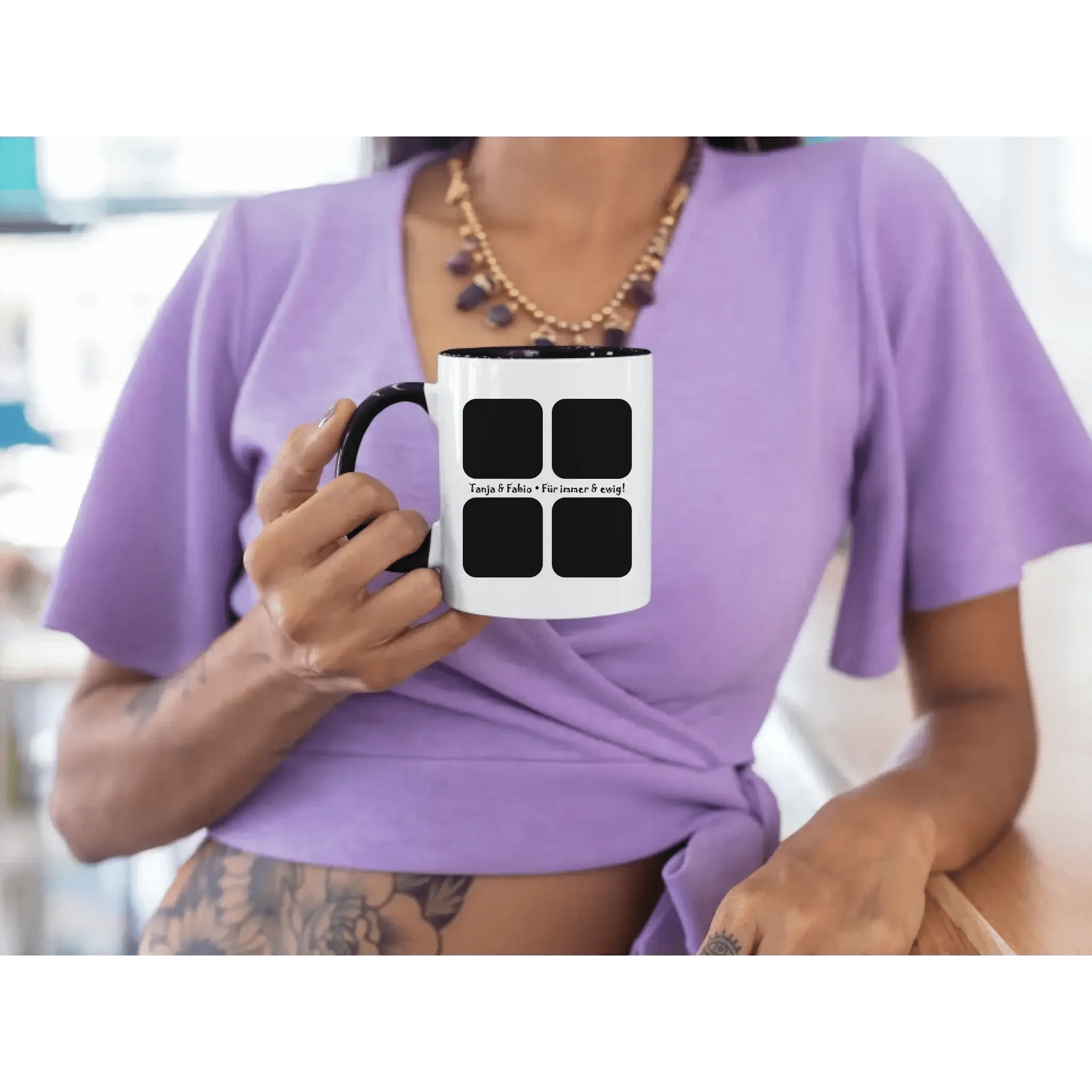 4 Fotos mit Text • Fotogeschenk • zweifarbige Tasse • Exklusivdesign • personalisiert