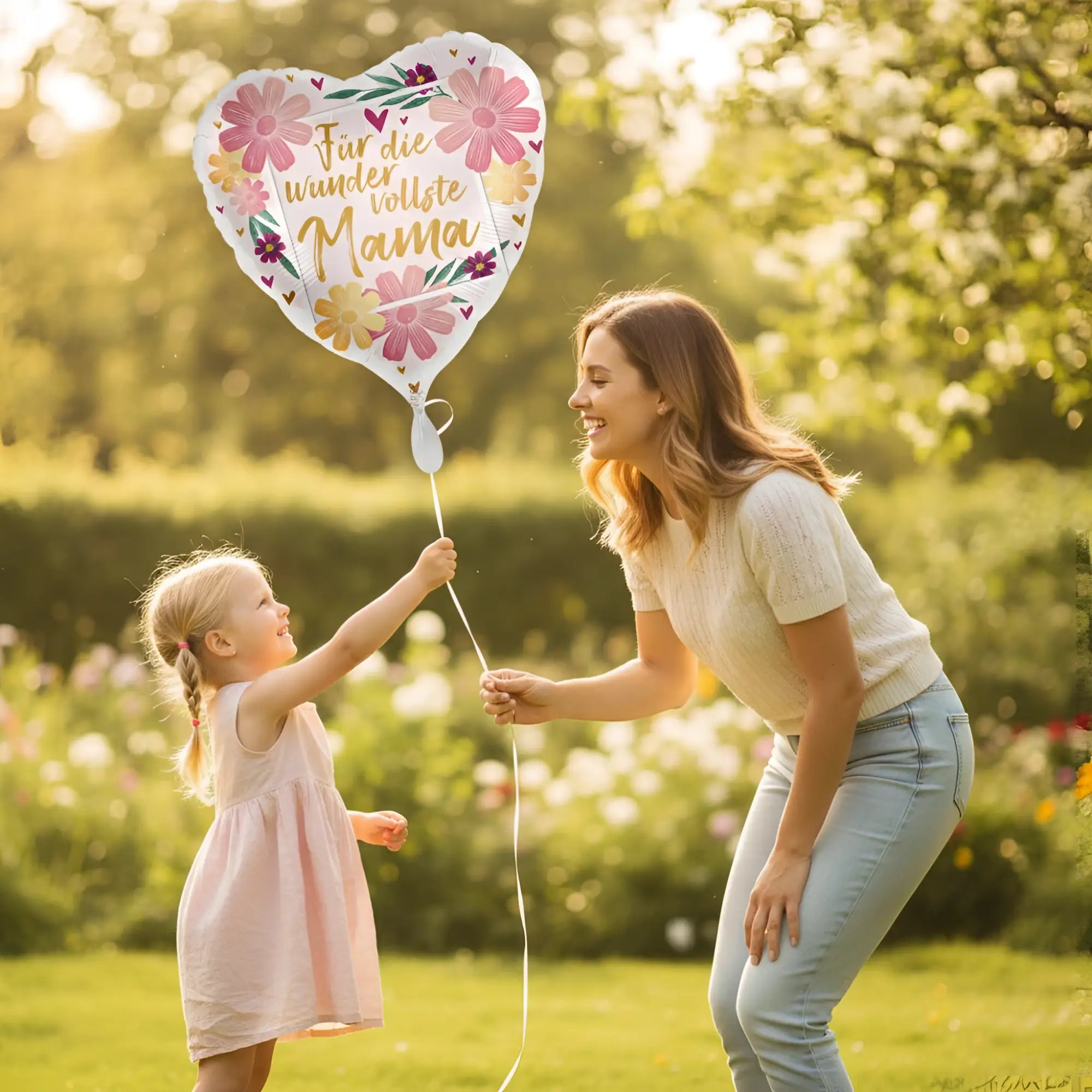 Rosa luftballon herzform mit gelb blumenmuster und goldschrift für die wundervollste mama mädchenluftballon