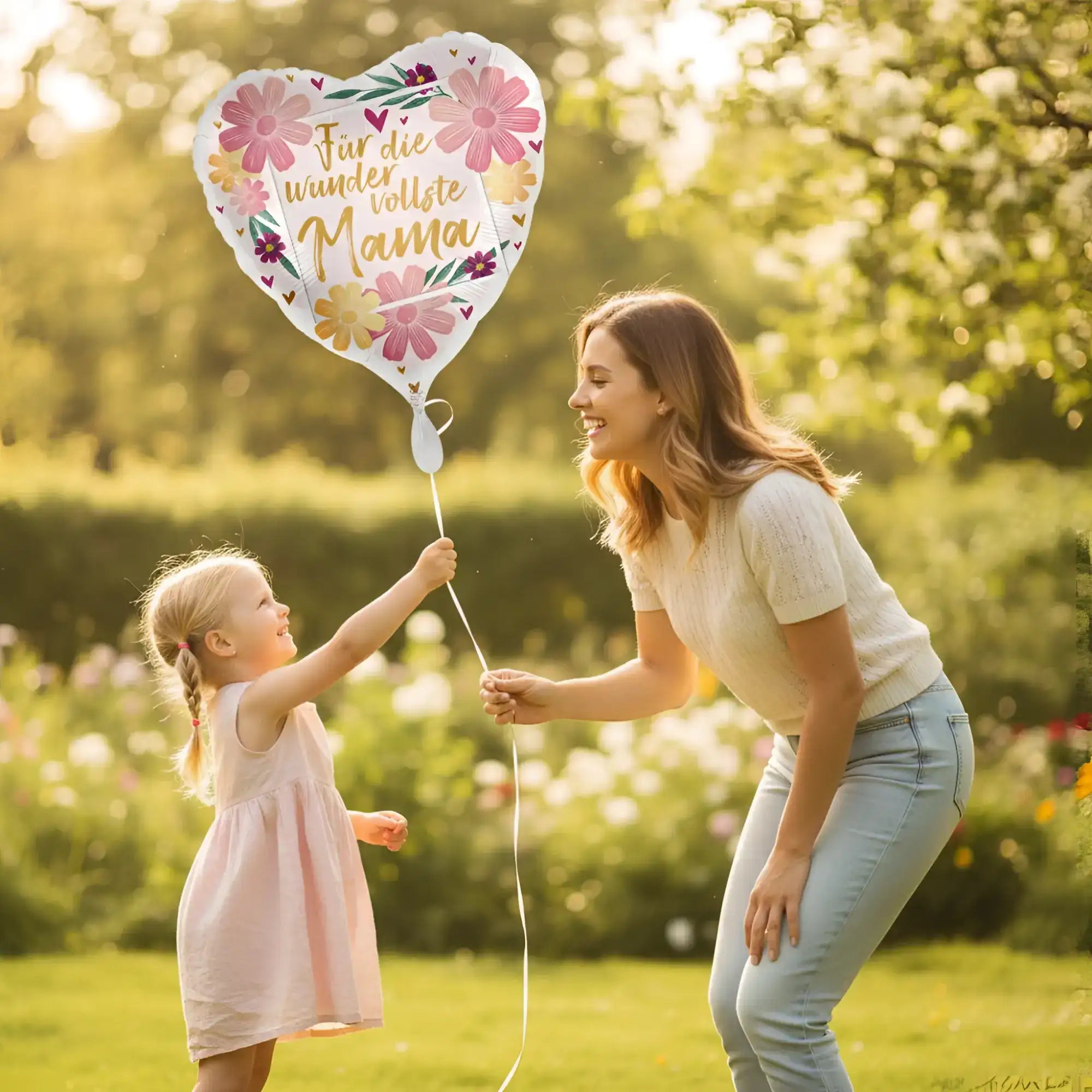 Rosa luftballon herzform mit gelb blumenmuster und goldschrift für die wundervollste mama mädchenluftballon