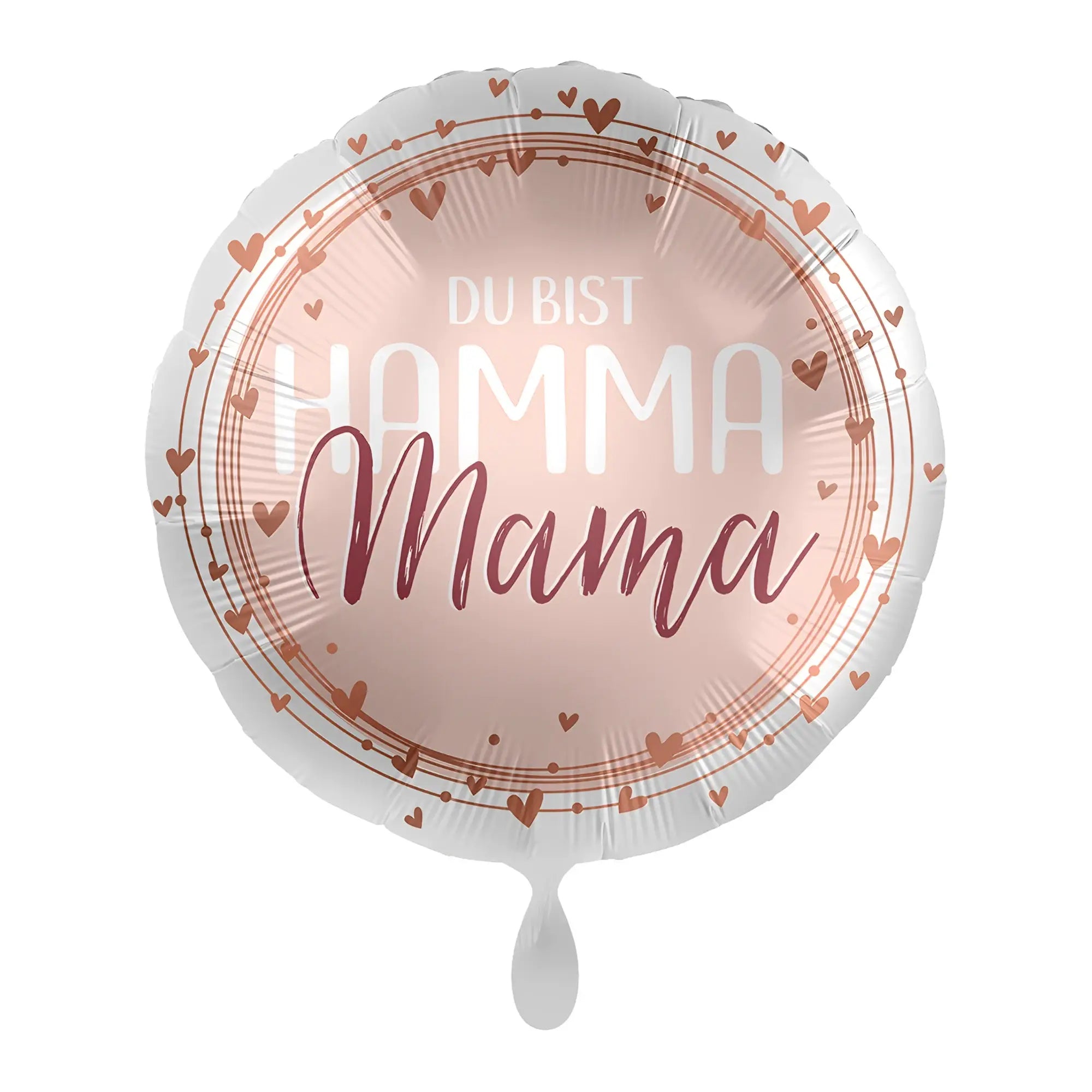 Ein 43cm rosegold folienballon mit dem text du bist hamma mama in weißer kalligraphie und herzen