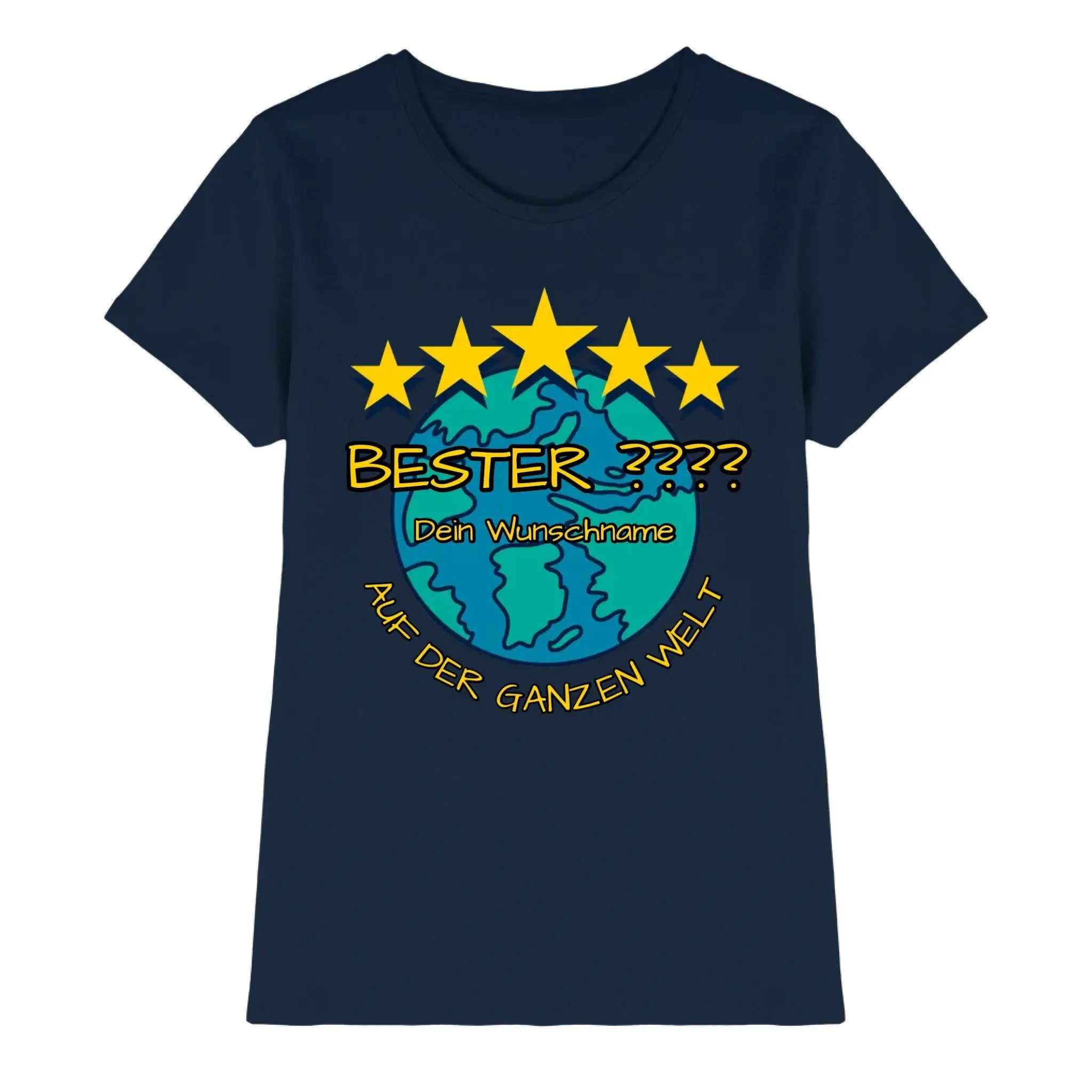 Navyblaues damen t-shirt mit 5 gelben sternen über einer türkisfarbenen weltkugel und golddruck in deutscher sprache