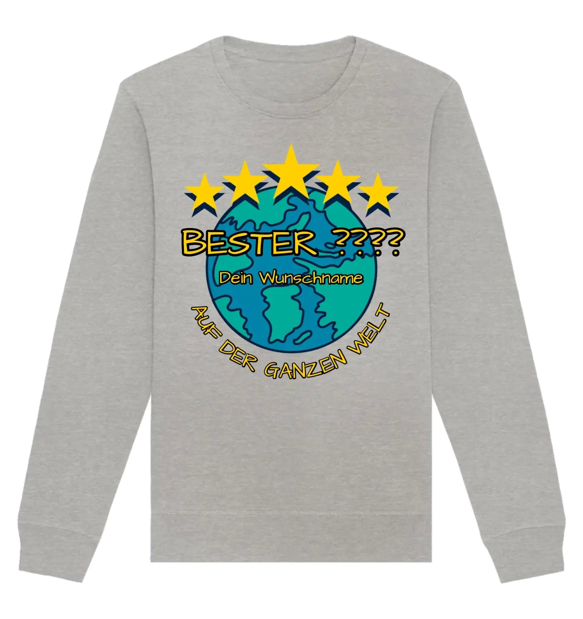 Heathergraues sweatshirt mit 5 sterne motiv und personalisiertem globe design bester dein wunschname auf der ganzen welt