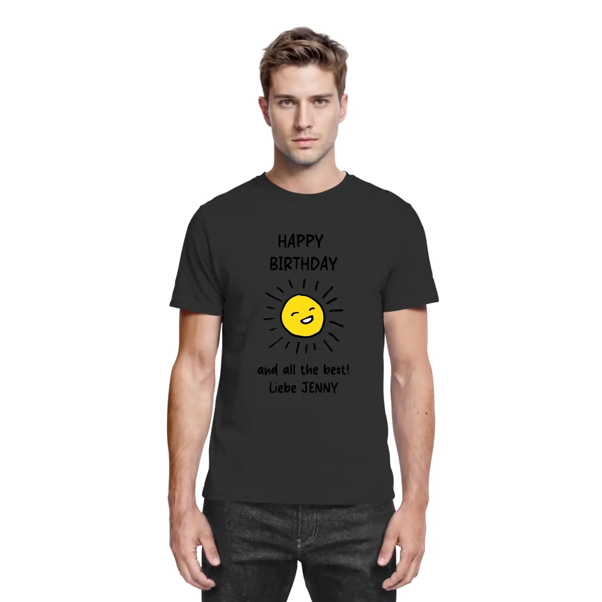 Schwarzes baumwoll t shirt mit fröhlicher gelber sonne und text happy birthday und all die besten liebe jenny geburtstag motiv 2 statement collection