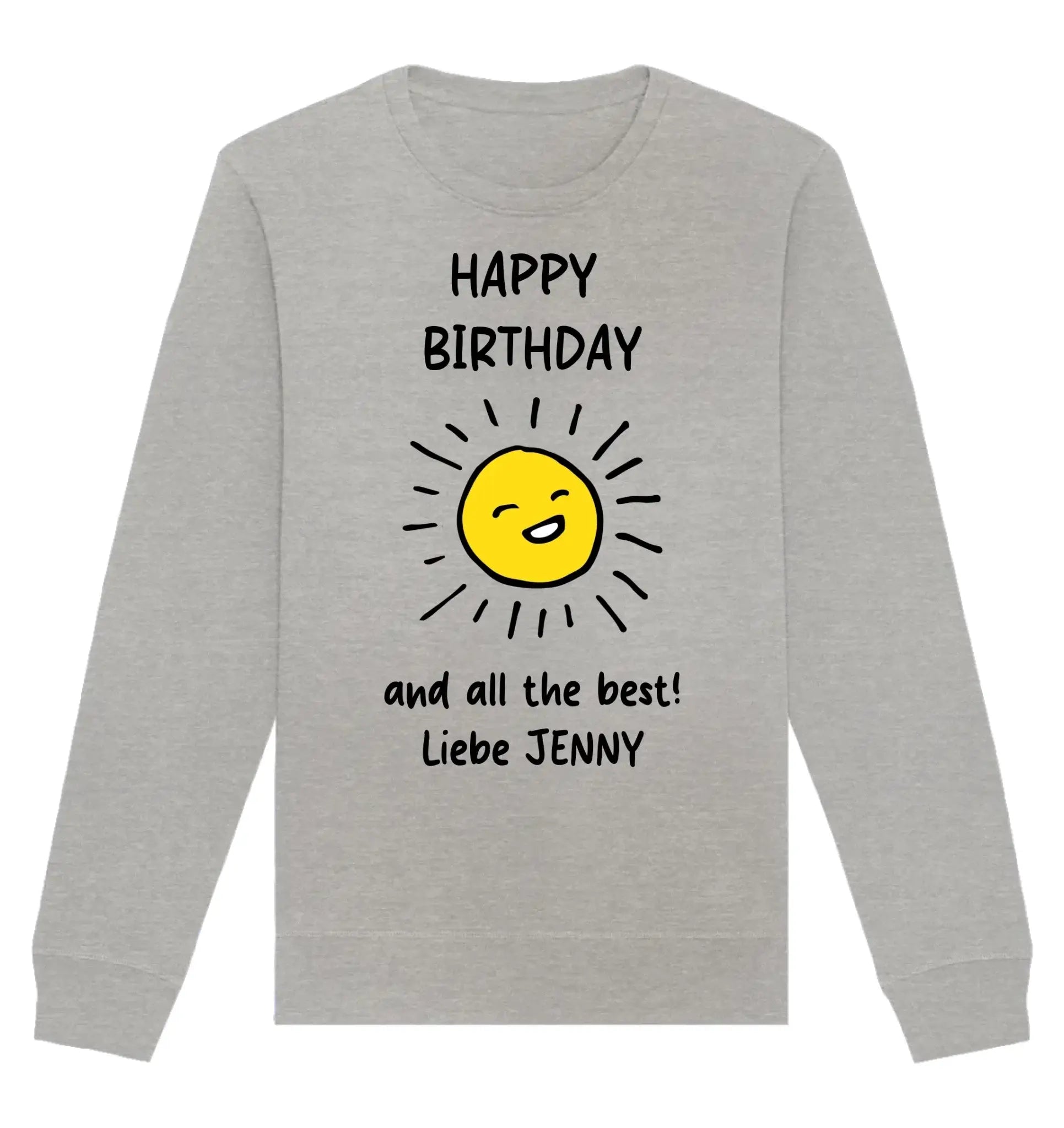 Lichtgrauer sweatshirt mit langarm und gelber sonne happy birthday und all the best liebe jenny print