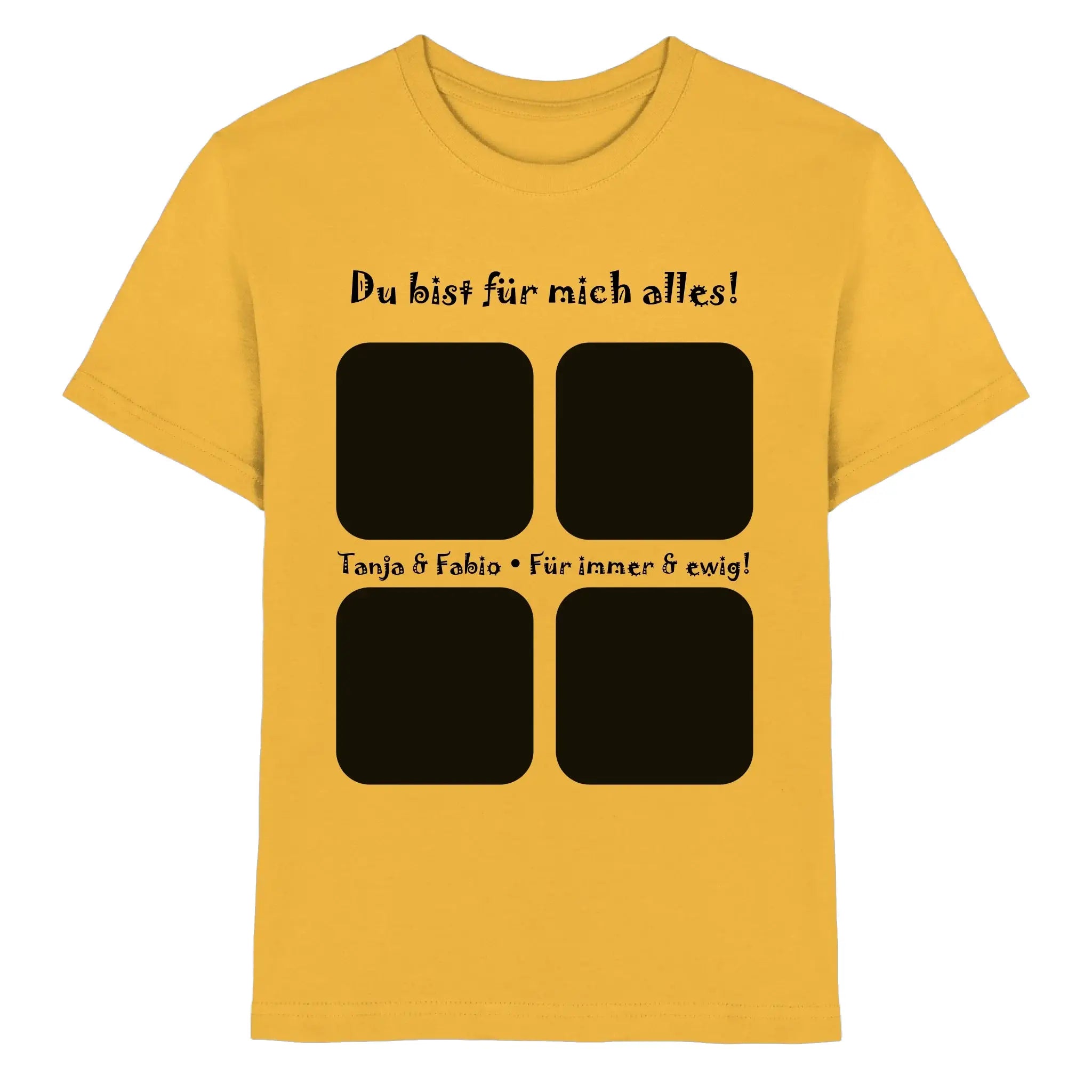 Ein senfgelbes baumwoll-t-shirt mit schwarzem 4er-collage grafik und deutschem text aus der statement-collection