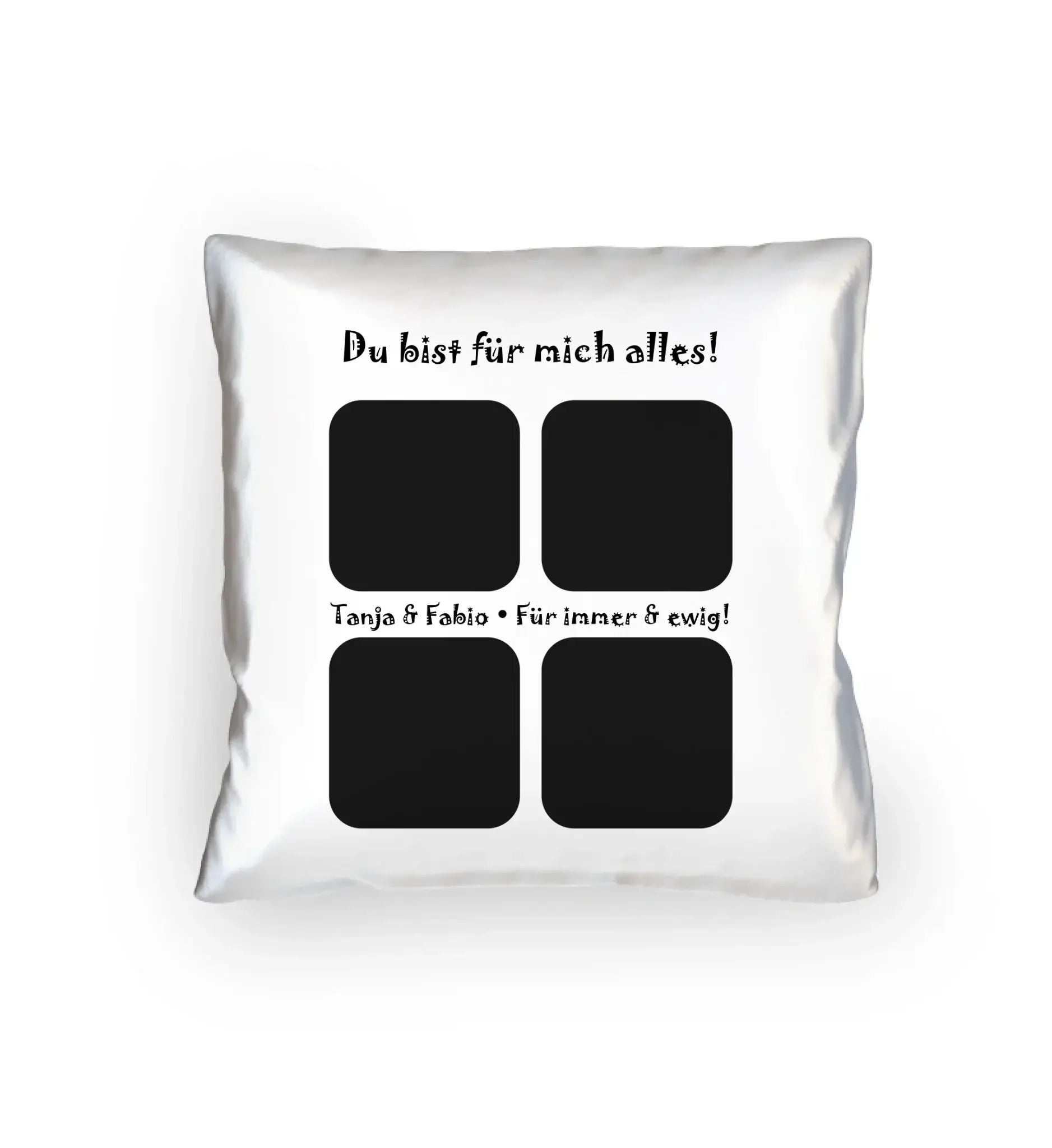 Weiße quadratische kissen mit schwarzem statement-print und vier rechteckige bilderrahmen collage