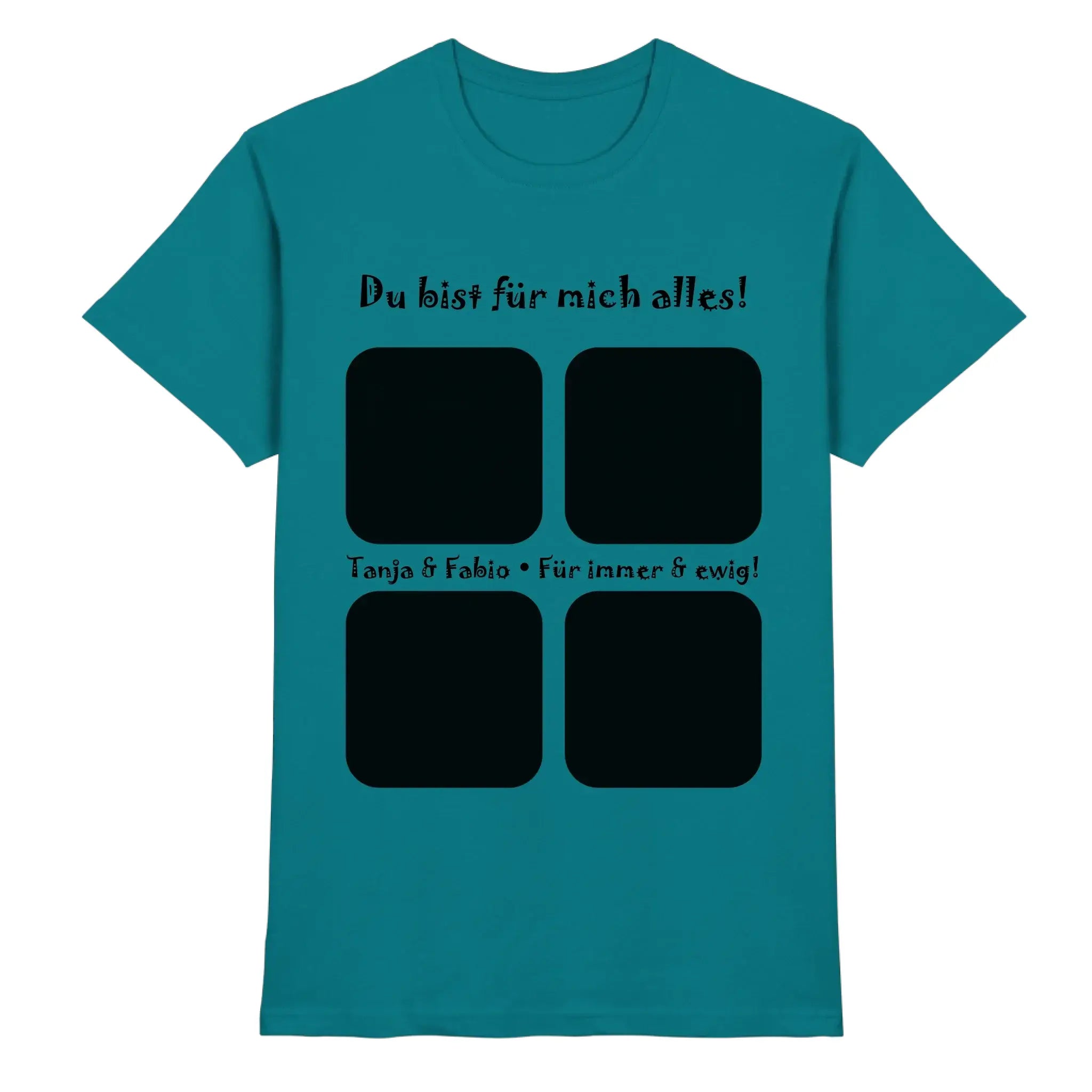 Teal baumwoll t shirt mit schwarzem text und vier quadratischen fotoframe collage print aus statement collection