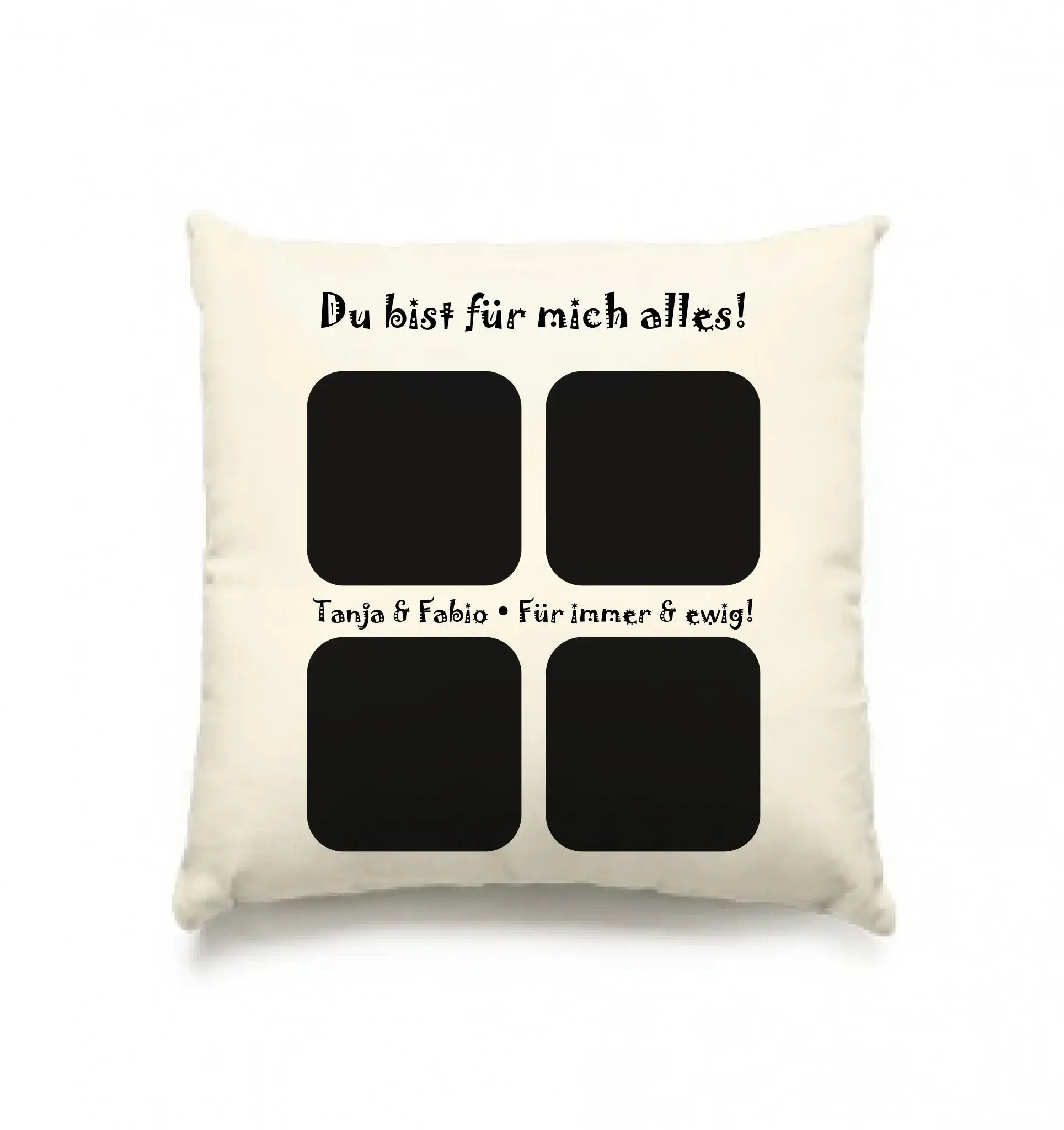Creamfarbener kissenbezug mit schwarzem 4er-collage rahmen und gedrucktem deutschem text aus der statement-collection