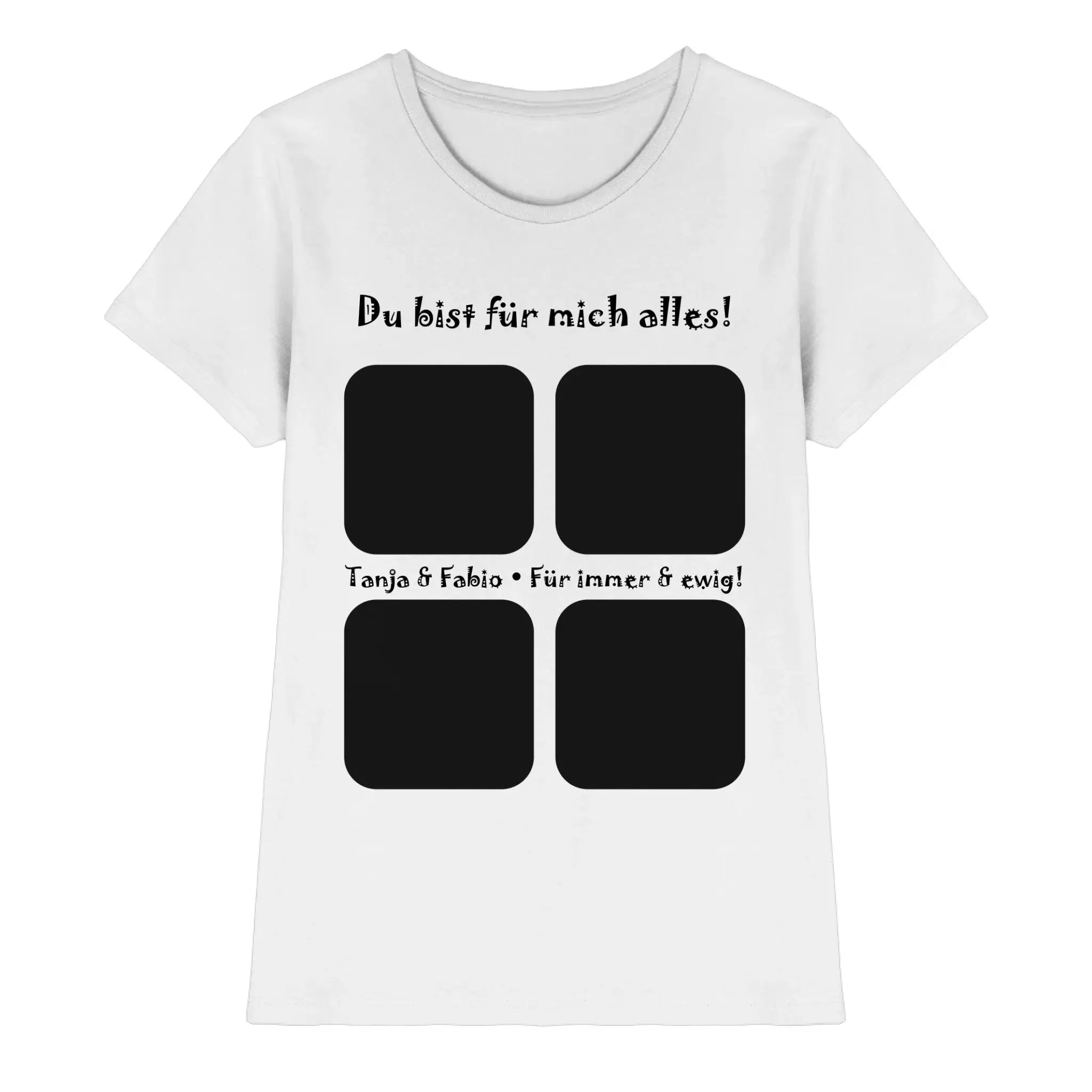 Weiße kurzarmshirt mit schwarzem text und vier quadratischen fotofeldern aus der statement-collection zum selbstgestalten
