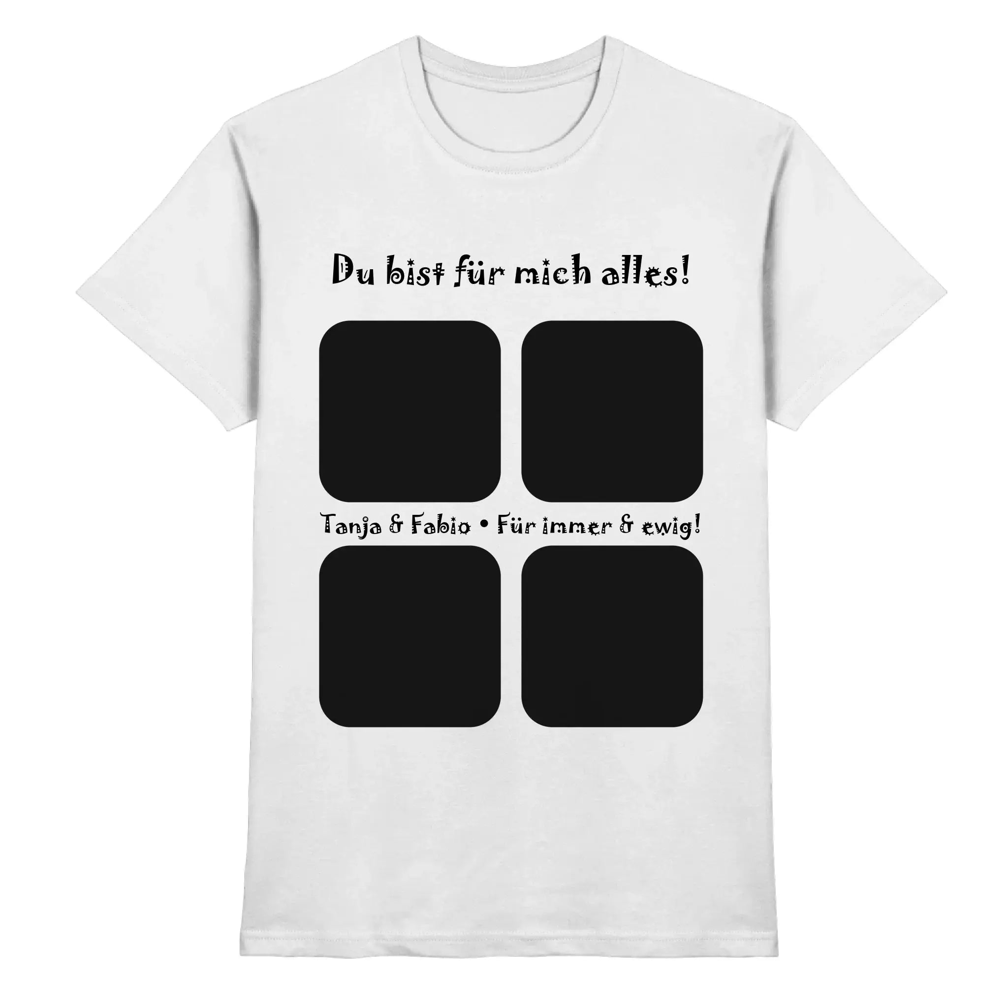 Weißes cotton t-shirt mit schwarzem text und vier quadratischen foto rahmen aus der statement collection