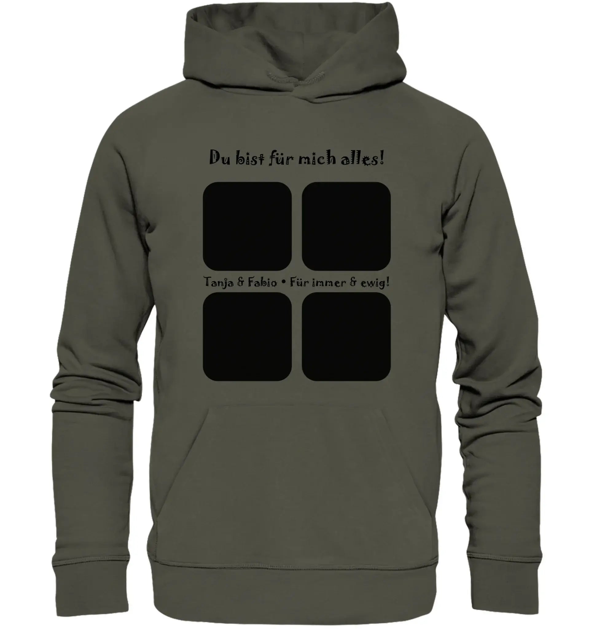 Olivegrüner kapuzenpullover mit schwarzem text und vier quadratischen bildplatzhaltern aus der statement collection