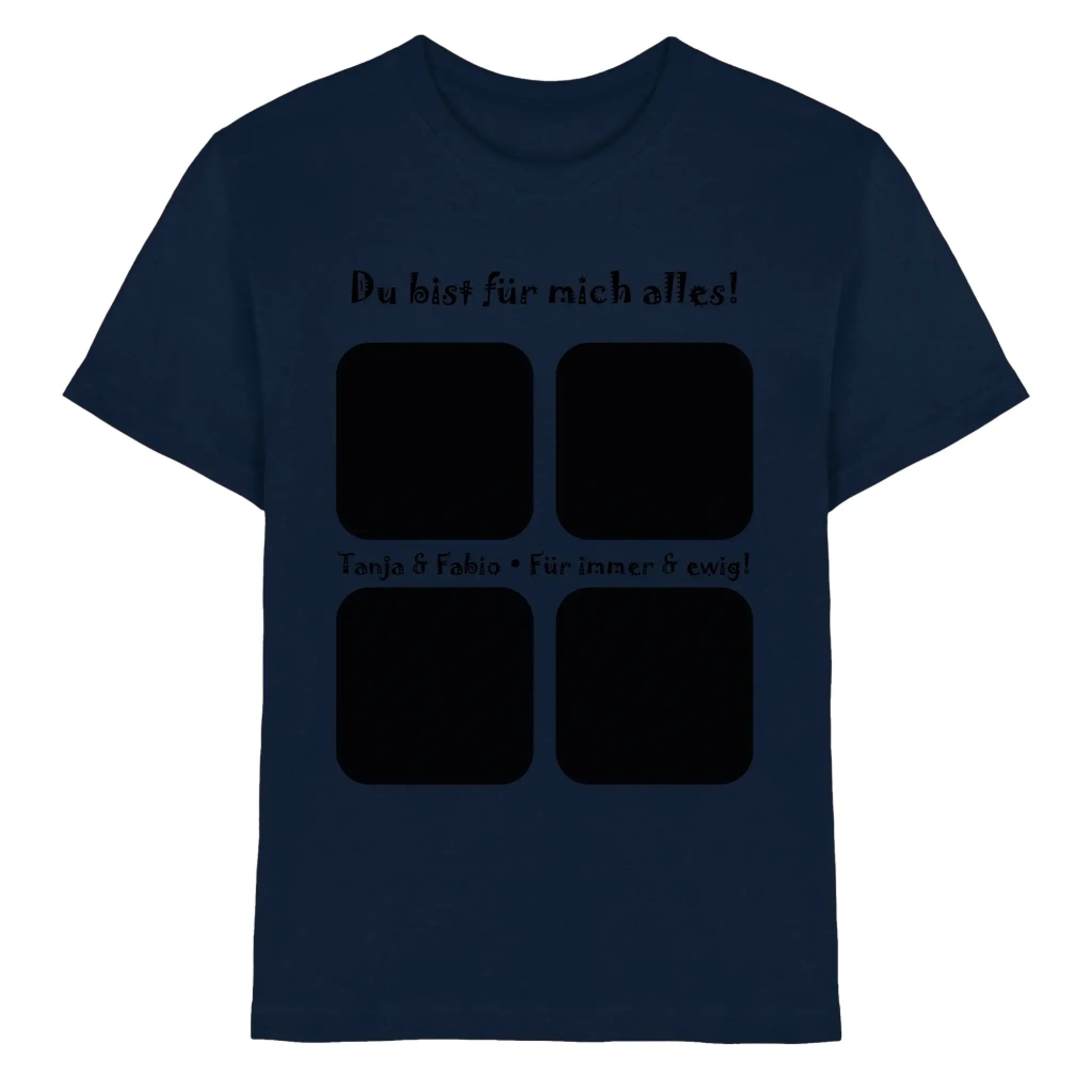 Navy blaues baumwoll t-shirt mit schwarzem text und vier quadratischen fotokästen aus der statement collection