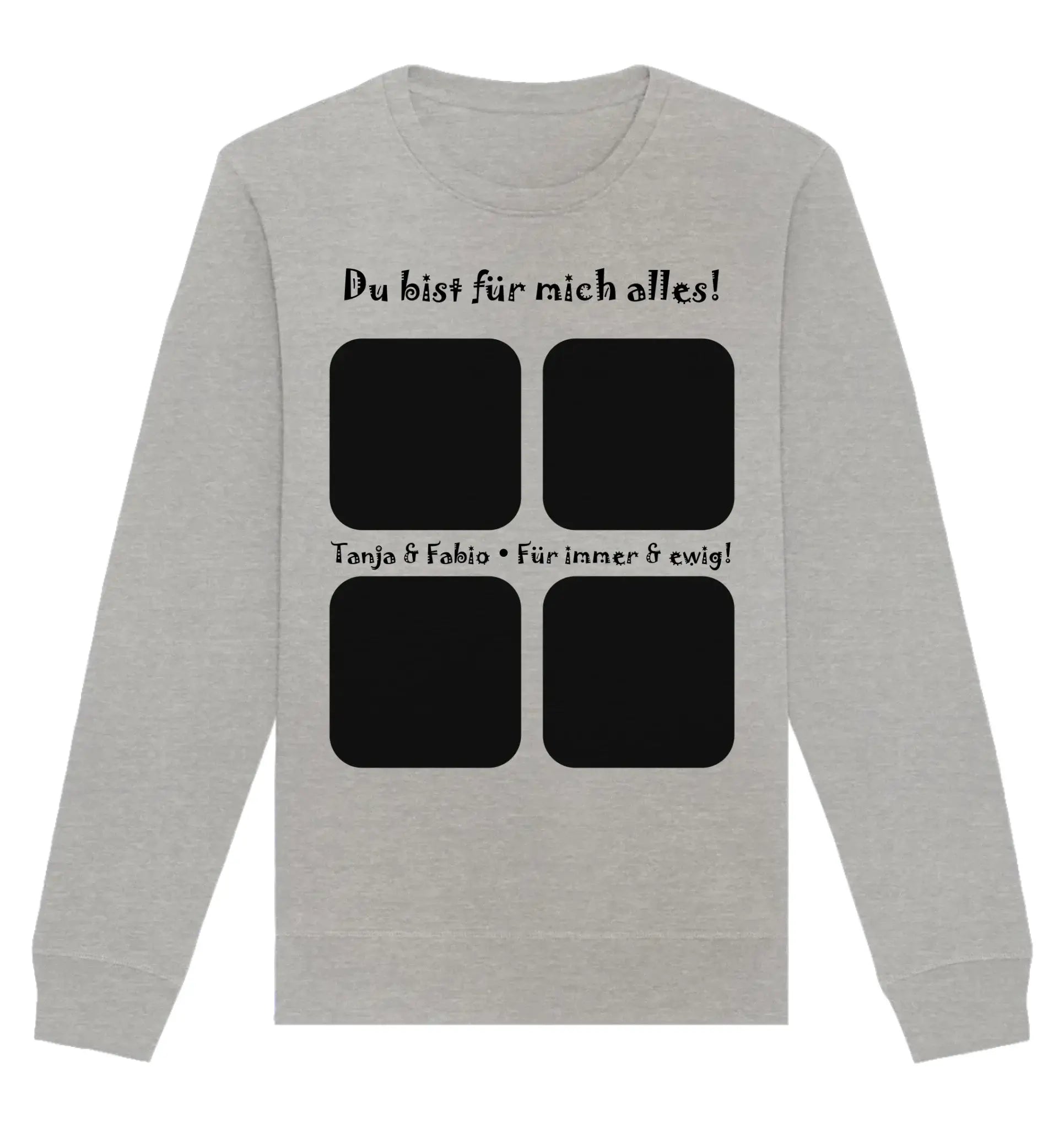 Hellgraues langarm sweatshirt mit schwarzem text und vier quadratischen fotoplatzhaltern vorne aus der statement collection