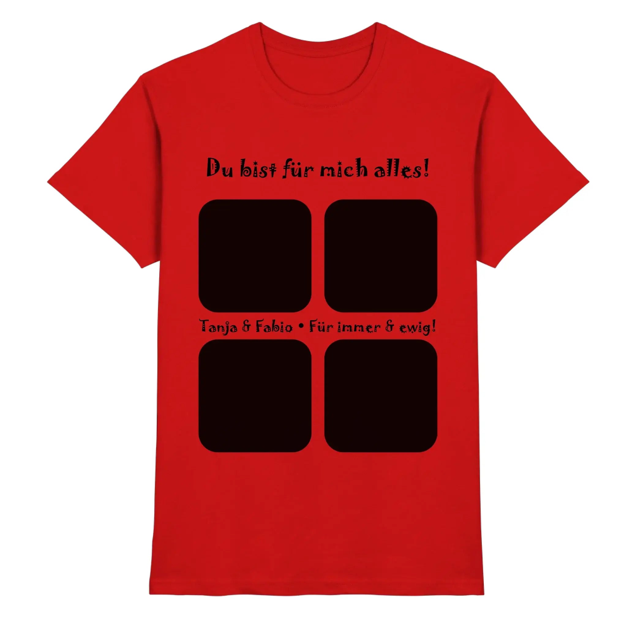 Rotes cotton t-shirt mit schwarzem text und vier quadratischen fotofeldern aus der statement-collection