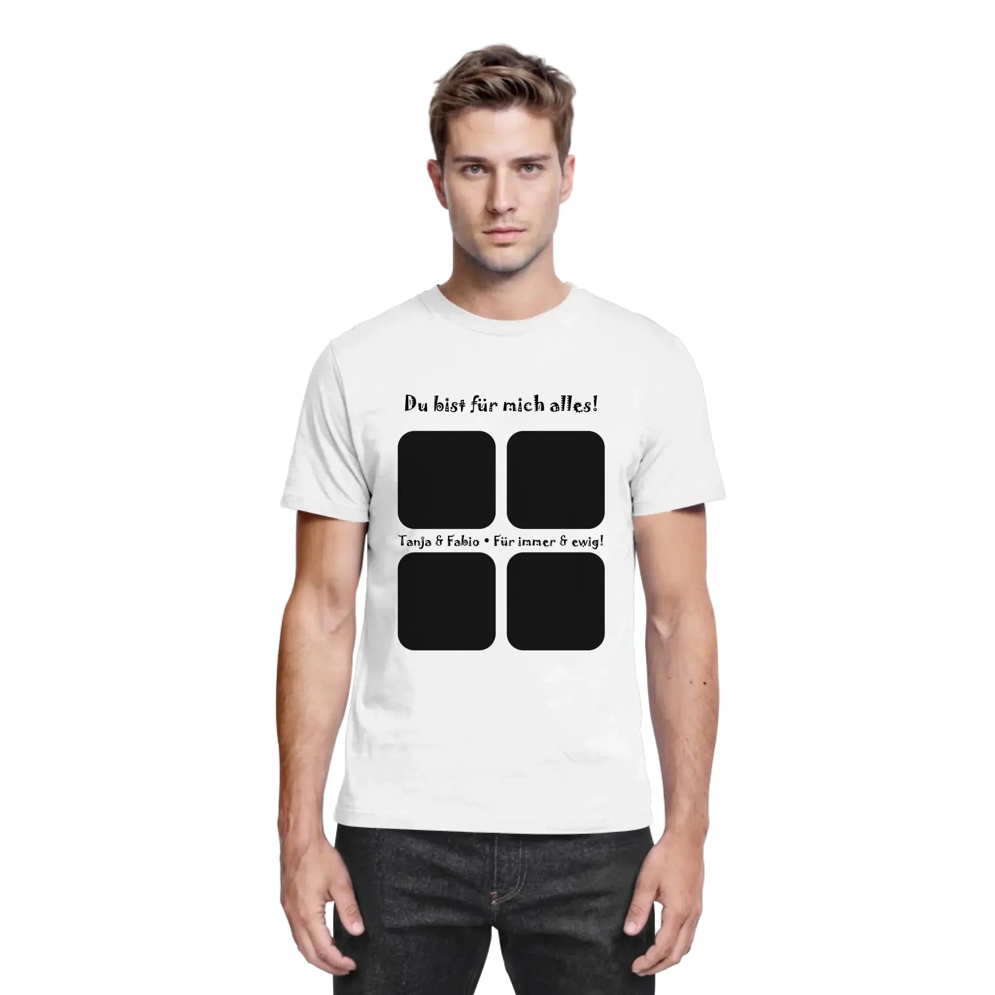 Weiße baumwoll t shirt mit schwarzem print und vier quadratischen platzhaltern aus der statement collection