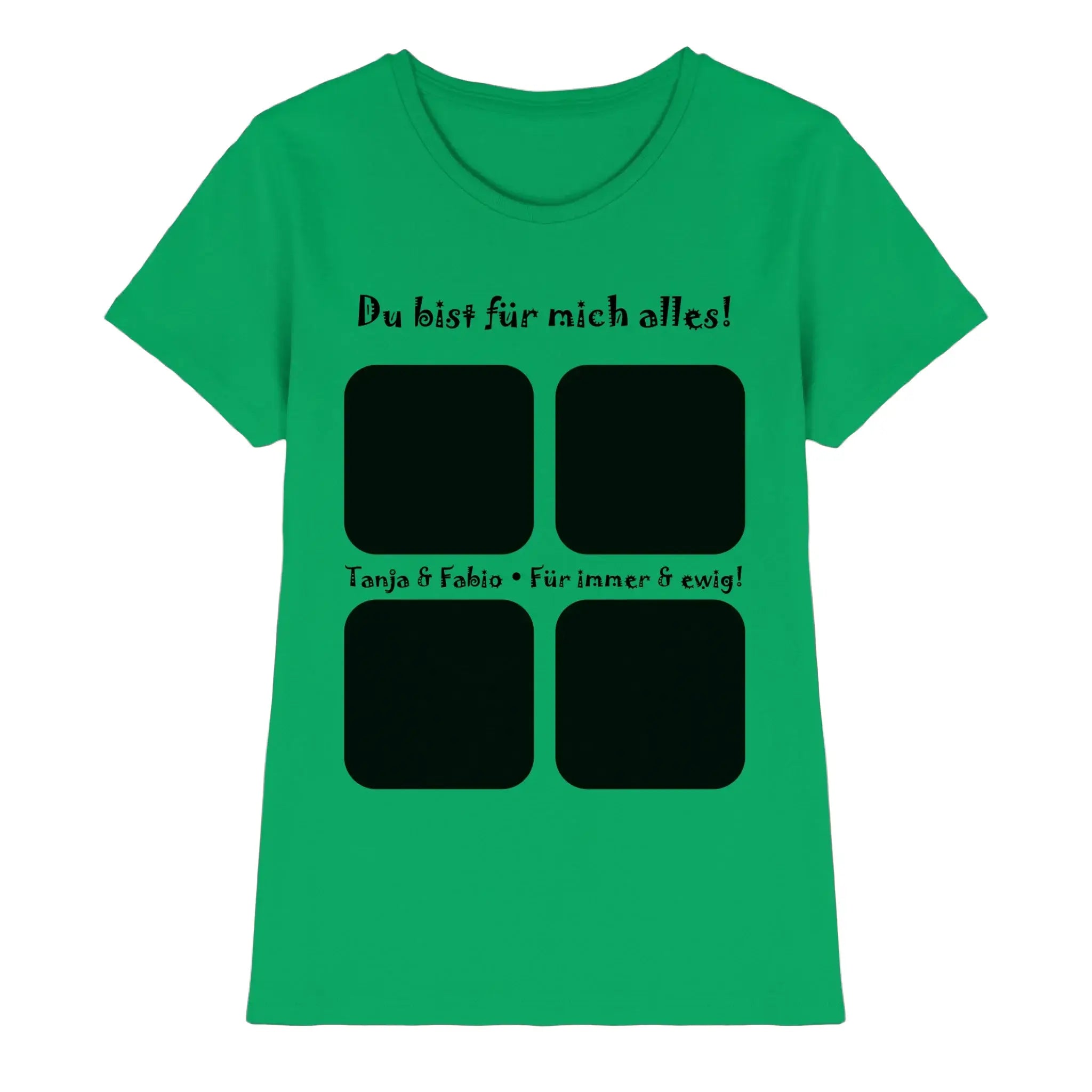 Vibrantes grünes damen t shirt mit kurzen ärmeln und vier quadratischen fotos für die statement collection