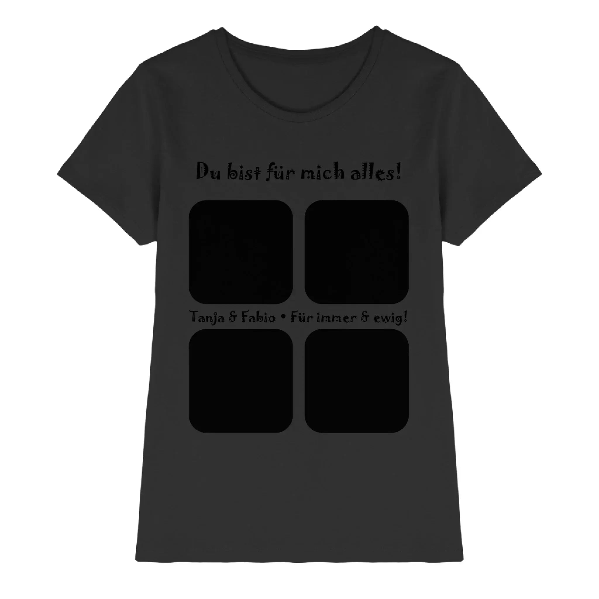 Dunkelgraues damen t shirt mit schwarzem statement text und vier quadratischen fotoplatzhaltern aus der statement collection