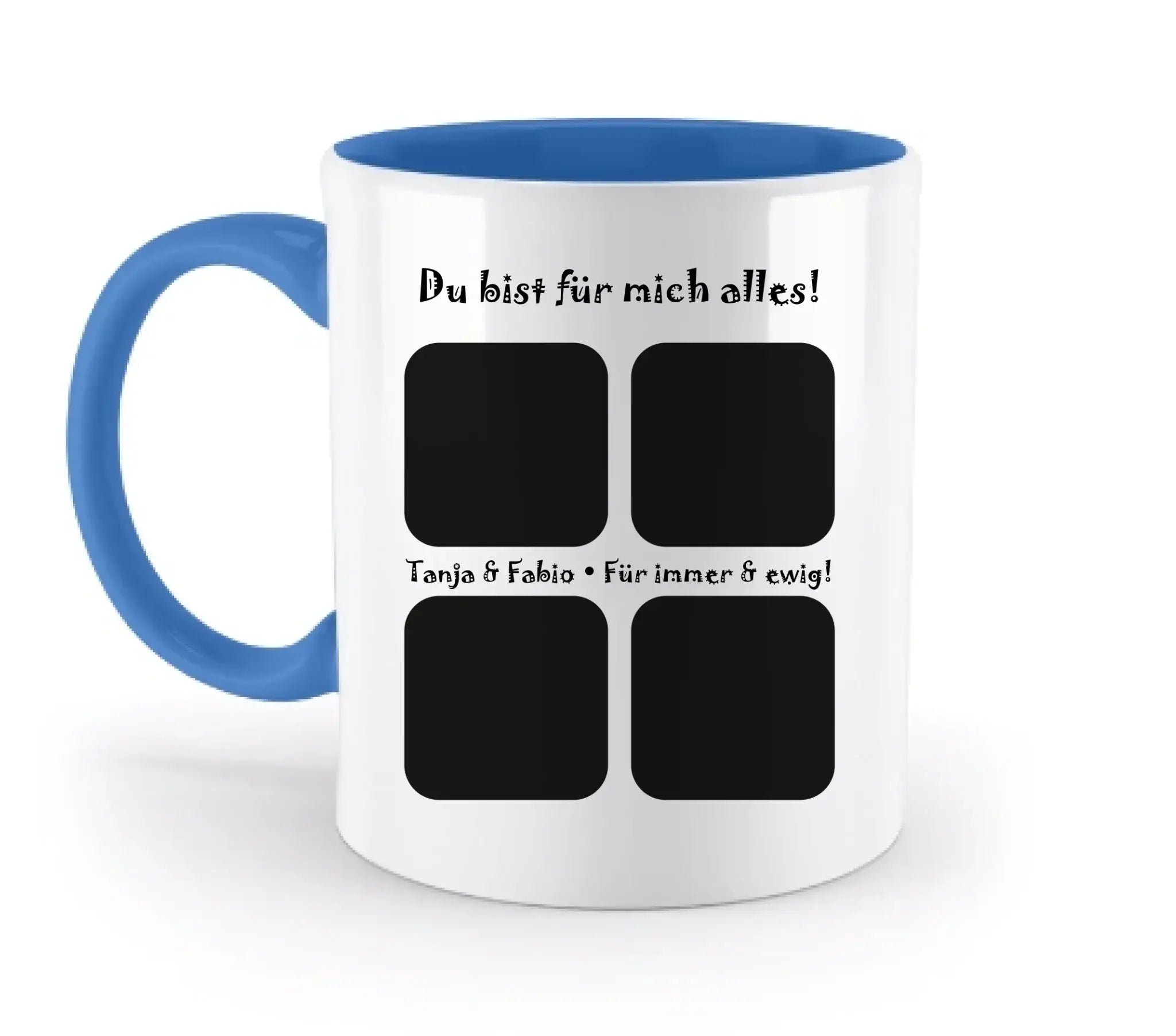 Weiße keramikmug mit blauem griff und innenfarbe mit schwarzer statement-collection text und vier fotoslots