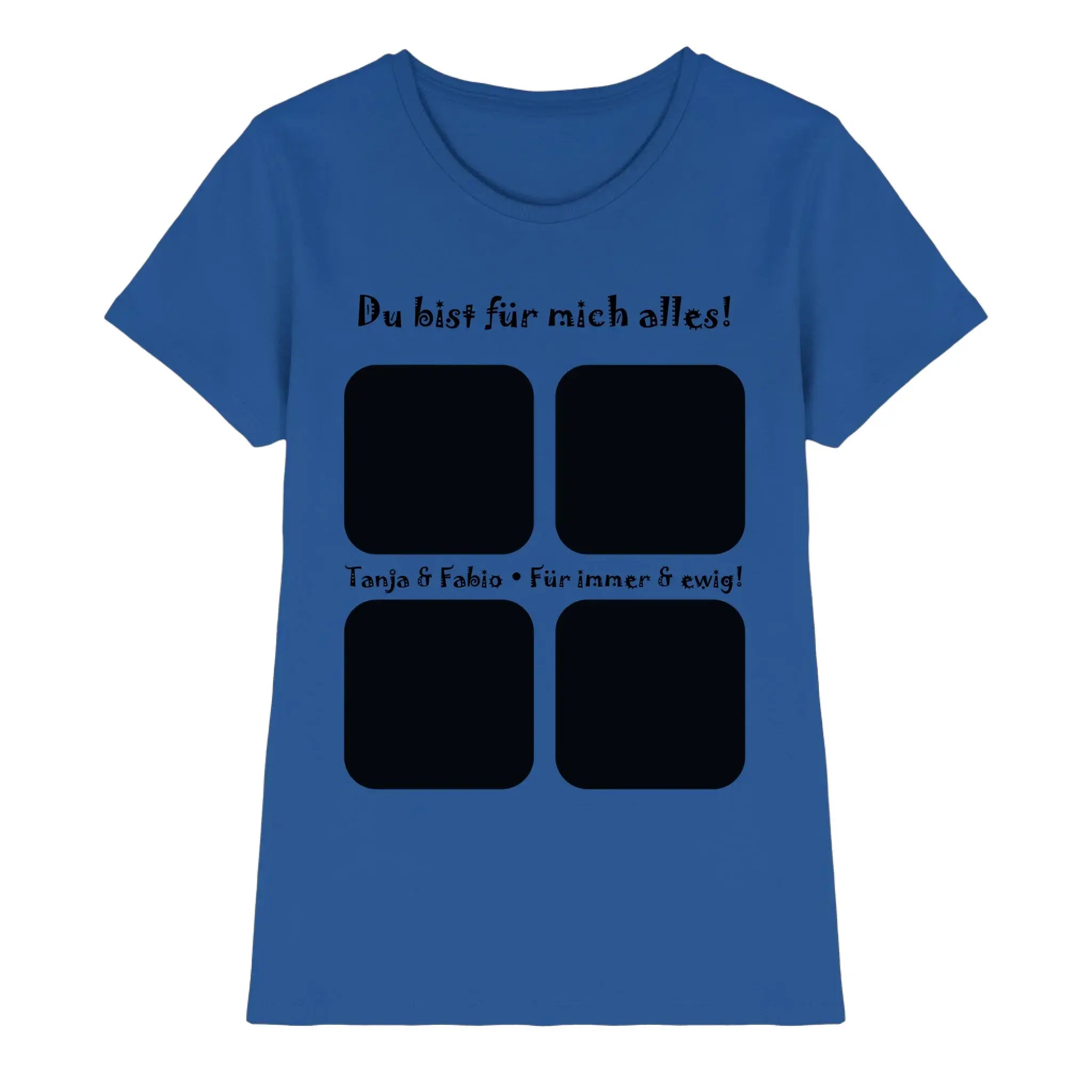 Blue damen kurzarmshirt mit schwarzem text und vier quadratischen fotocollagen aus der statement-collection