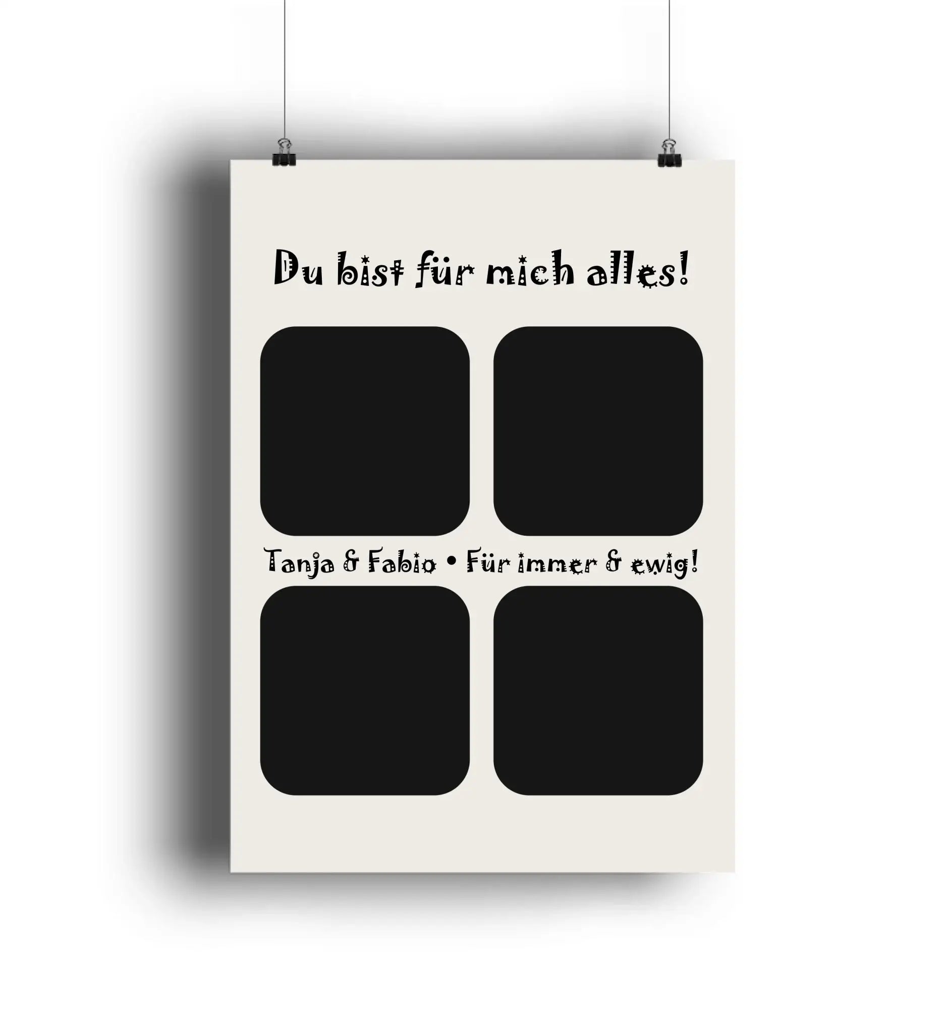 Creamfarbener bilderrahmen mit vier quadratischen ausschnitten und schwarzem text aus der statement collection