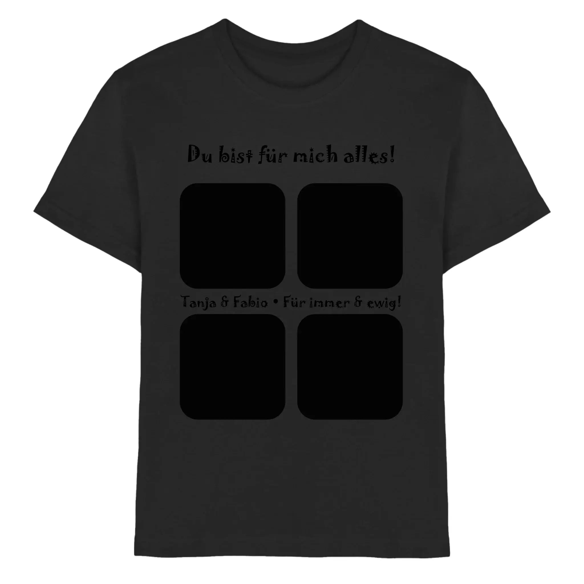 Schwarzes baumwollshirt mit 4er collage grafik und deutschem text aus der statement collection mit wunschtext