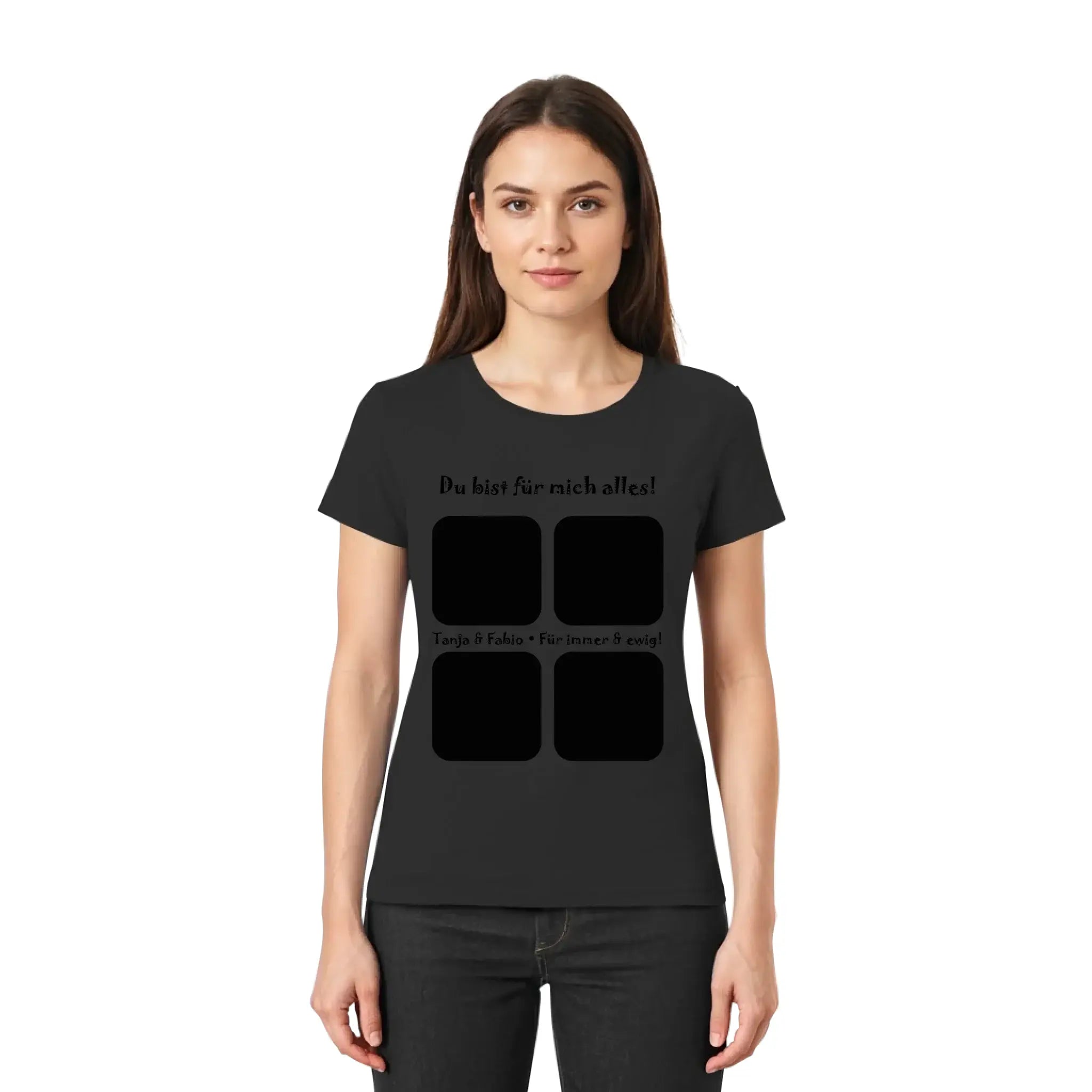 Schwarzes damen t-shirt kurzarm mit german text und vier schwarzen quadraten aus der statement collection collage