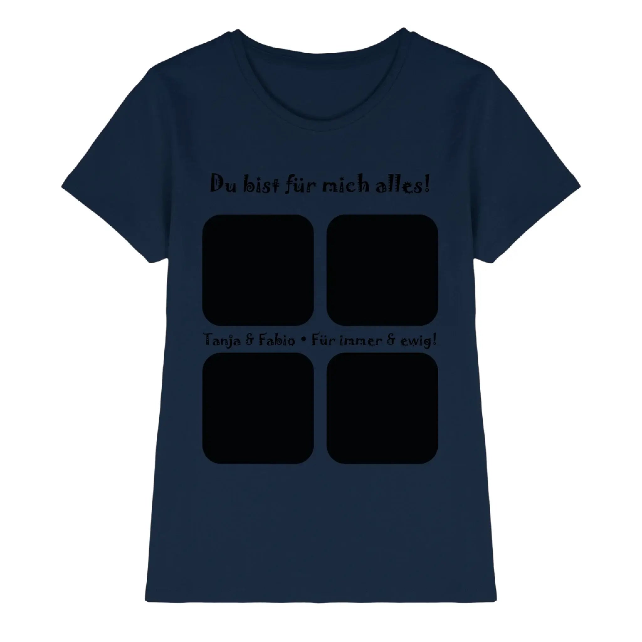 Navy blaues kurzarmshirt mit schwarzem text und vier quadratischen fotografien aus der statement collection