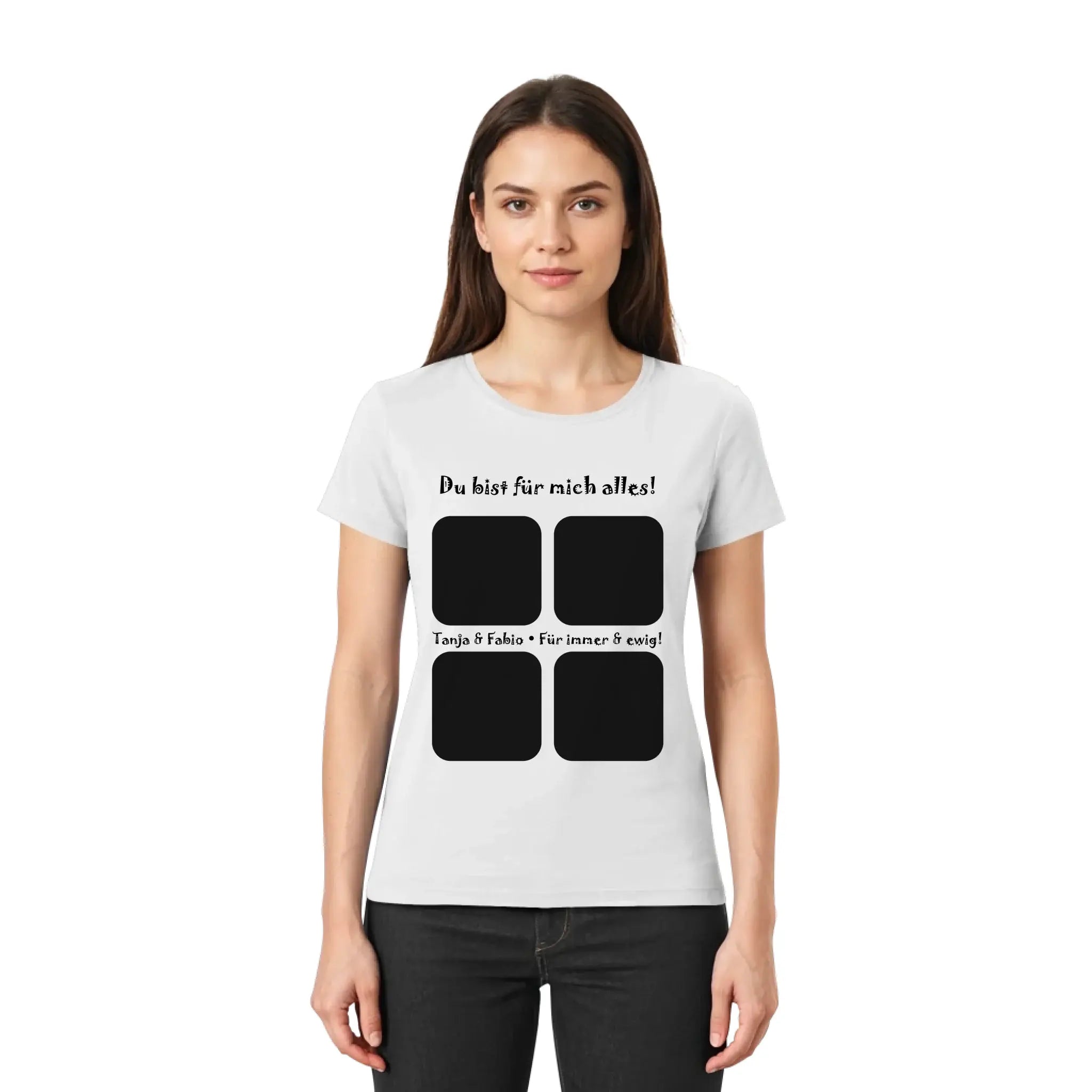 Weiße damen t-shirt mit schwarzem text und vier quadratischen foto platzhaltern aus der statement collection