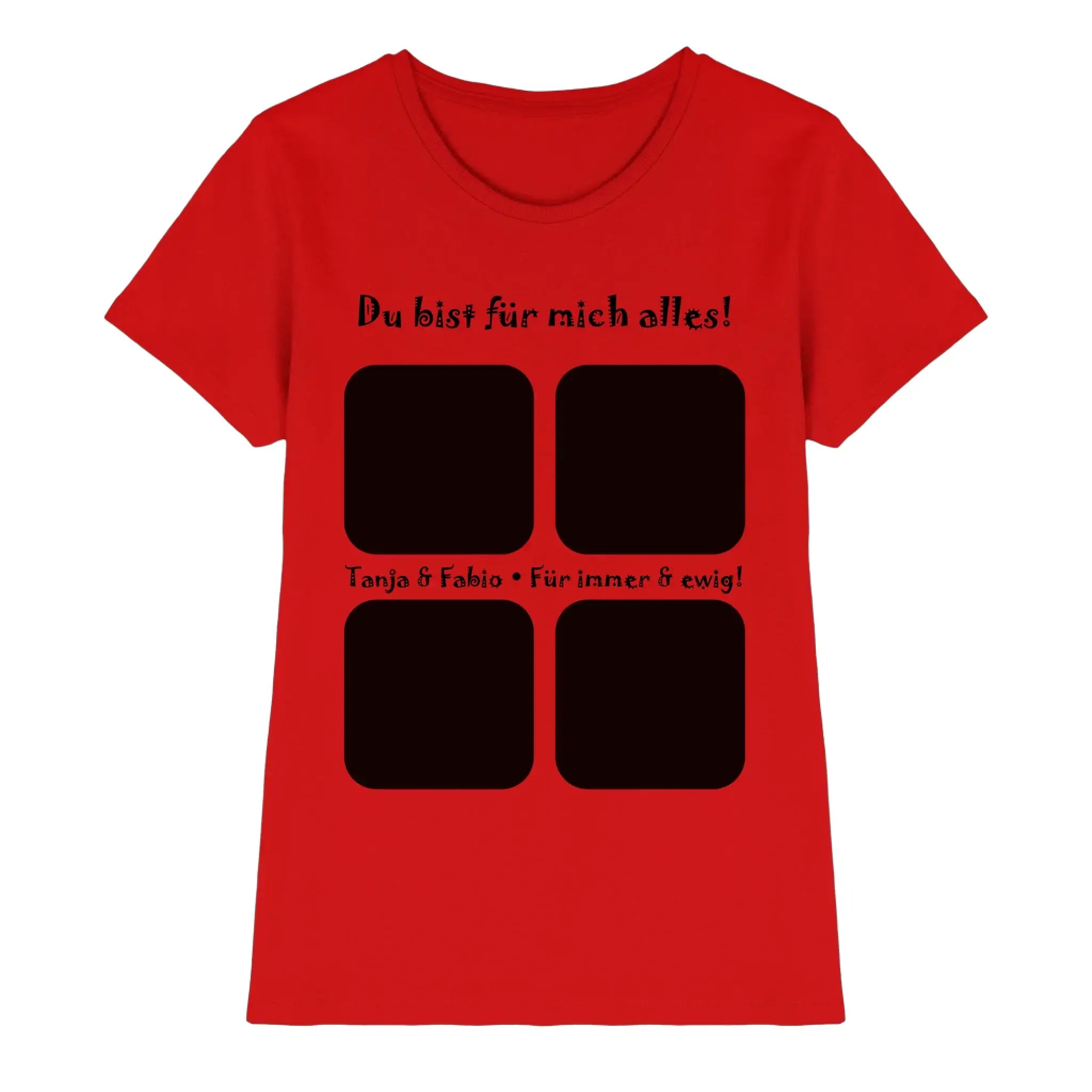 Rotes kurzarmshirt mit schwarzem text und vier quadratischen fotocollagen aus der statement collection