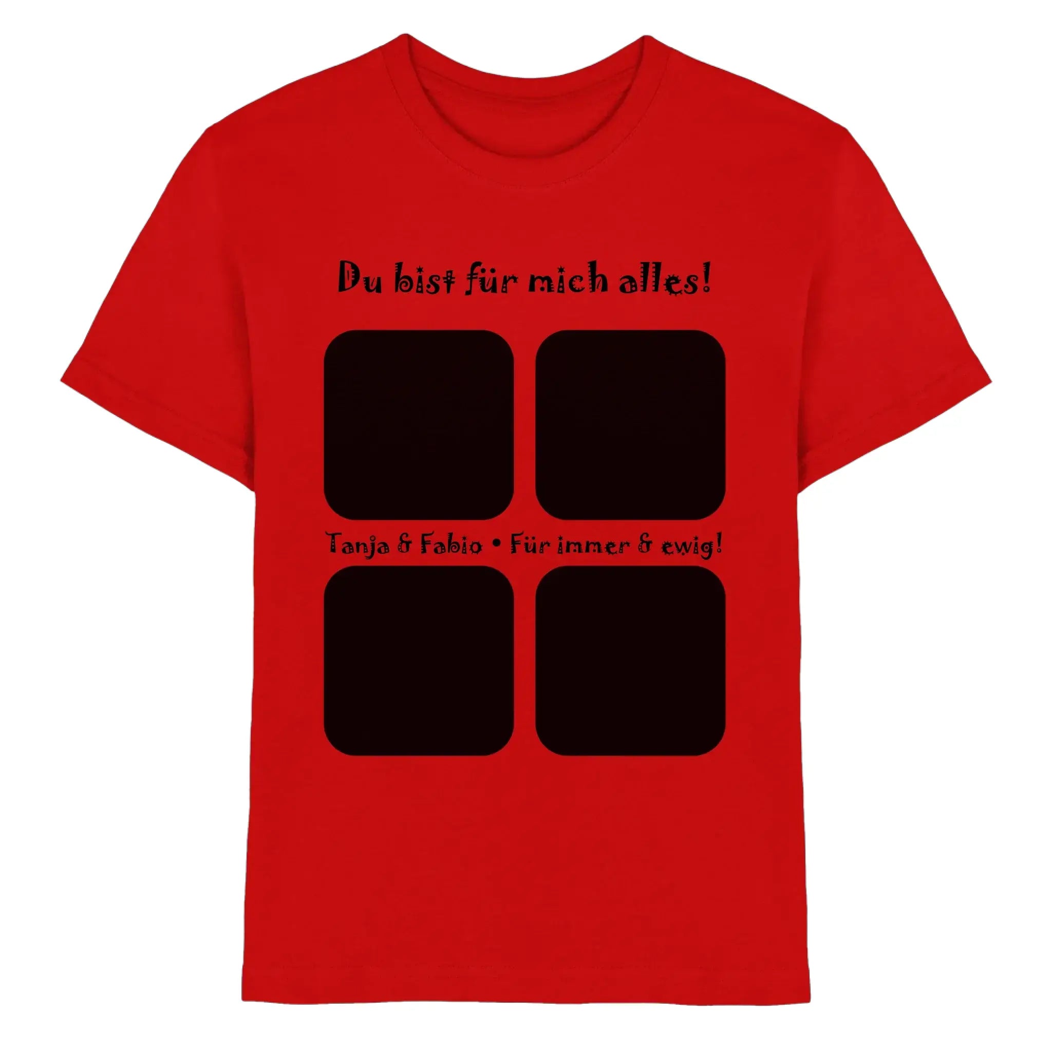 Rotes baumwoll t shirt mit schwarzem text und vier quadratischen foto rahmen aus der statement collection
