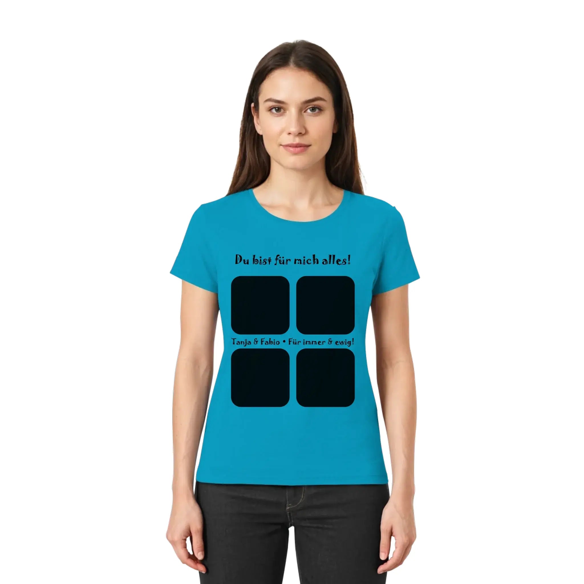 Teal damen eng geschnittenes t shirt mit schwarzem text und vier quadratischen bilderrahmen vorne aus der statement collection