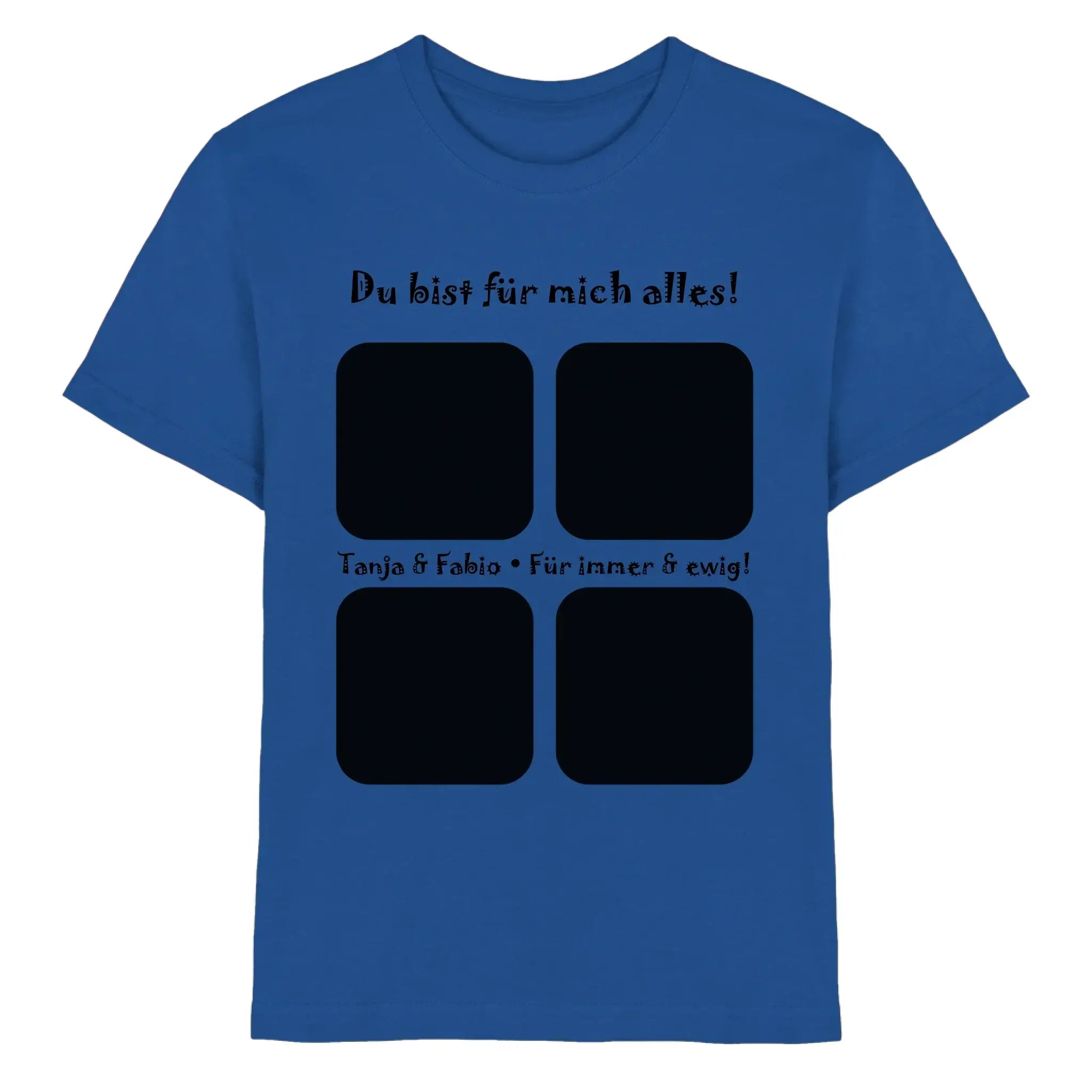 Blaues baumwoll t shirt mit schwarzem text und vier quadratischen fotorahmen aus der statement collection