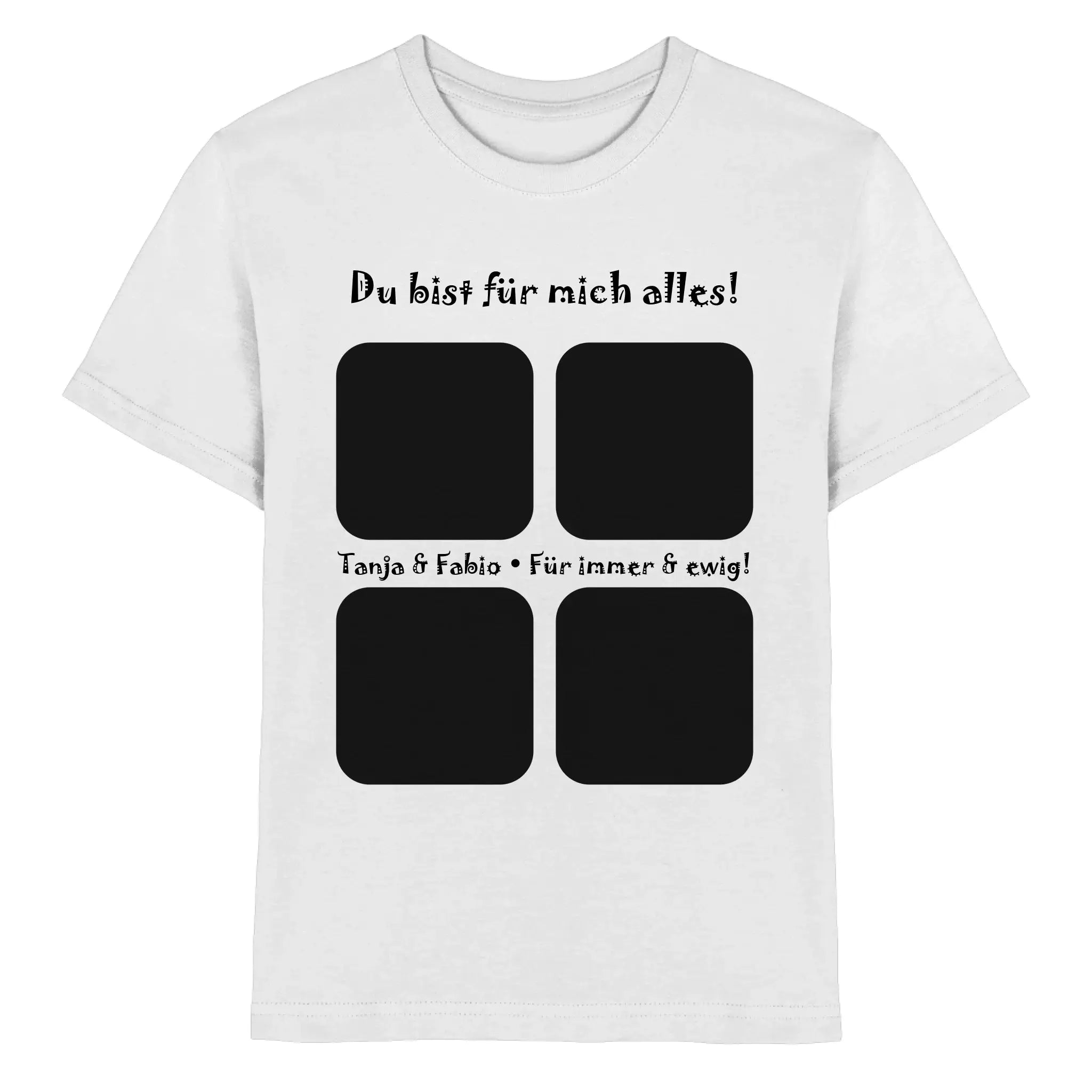 Weißes baumwoll t shirt mit schwarzem statement text und vier quadratischen fotoframe kollagen drauf