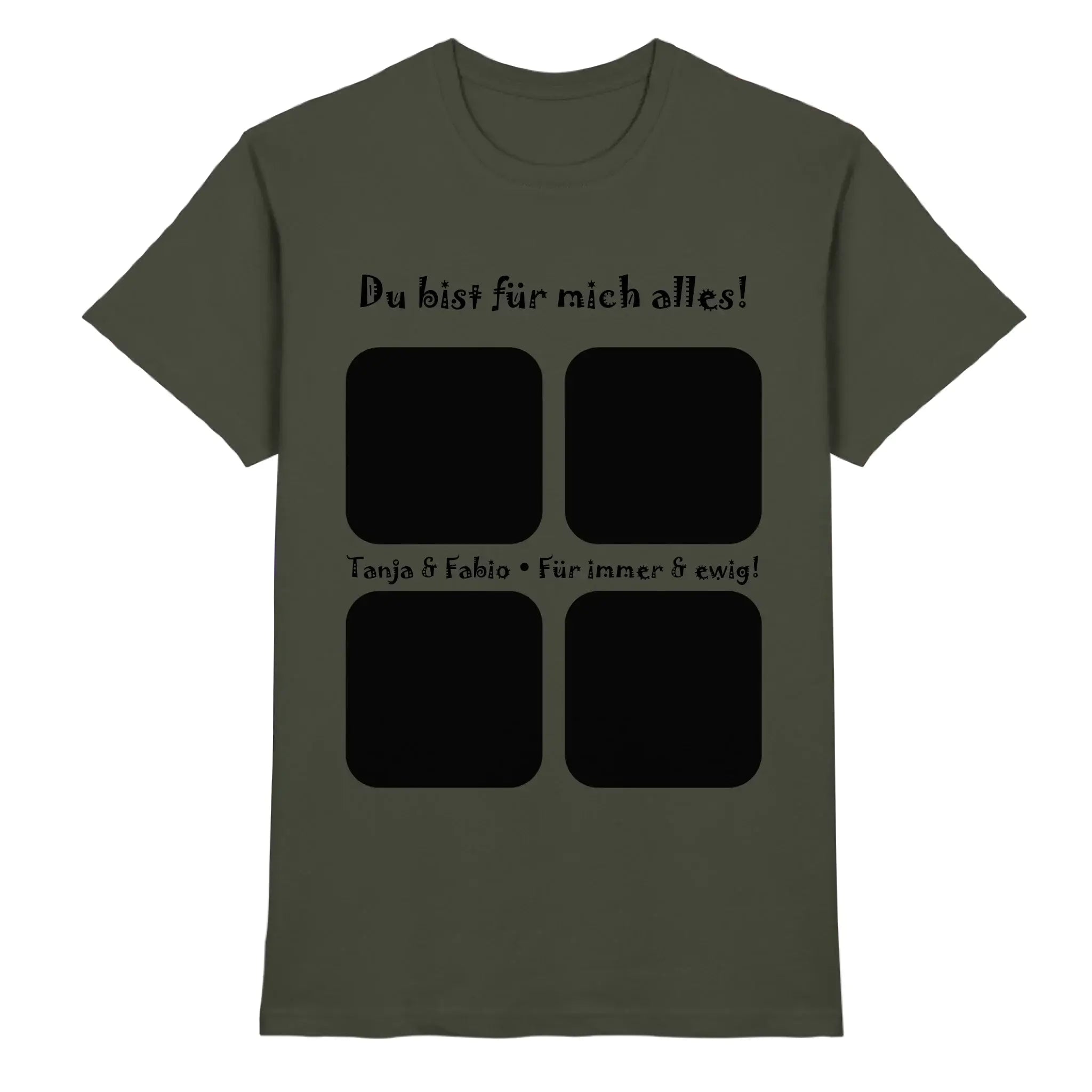 Olivegrünes baumwoll t-shirt mit schwarzem text und vier quadratischen fotoframe prints aus der statement-collection