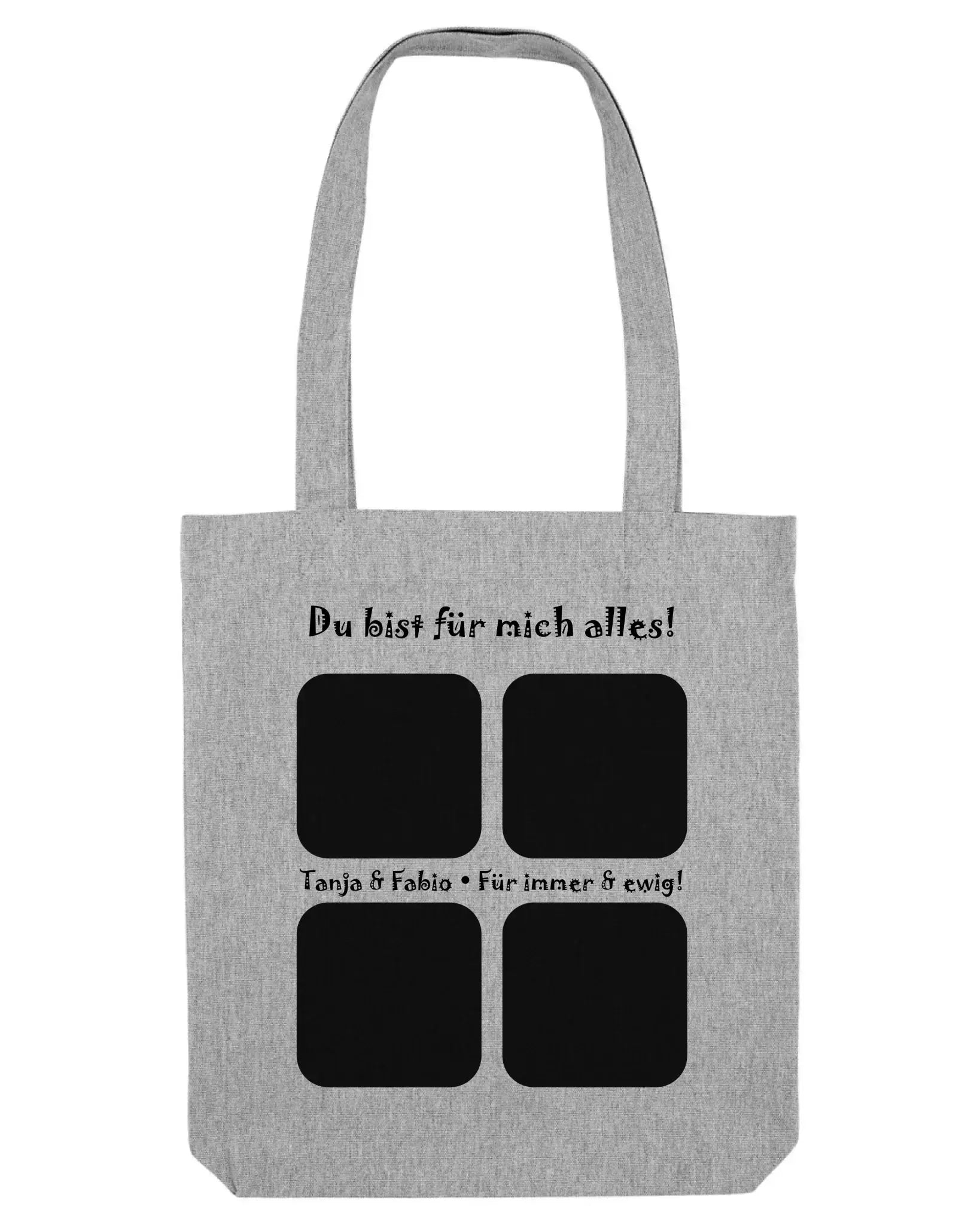 Graue canvas tote bag mit schwarzem statement-text und vier quadratischen fotofeldern aus der statement-collection