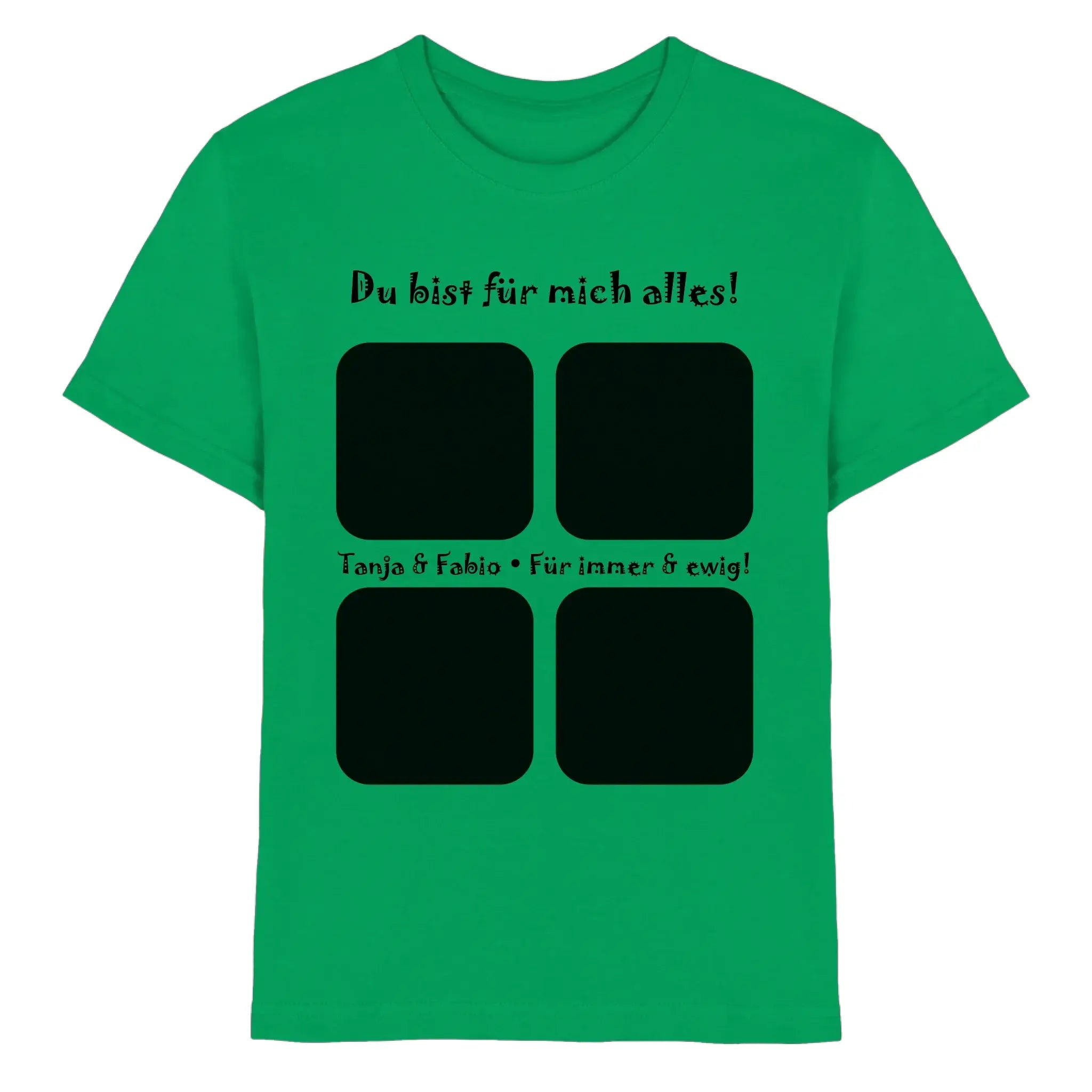 Ein leuchtend grünes baumwoll t-shirt mit einem schwarzen grafikprint aus vier quadratischen bilderrahmen und deutschem text aus der statement collection