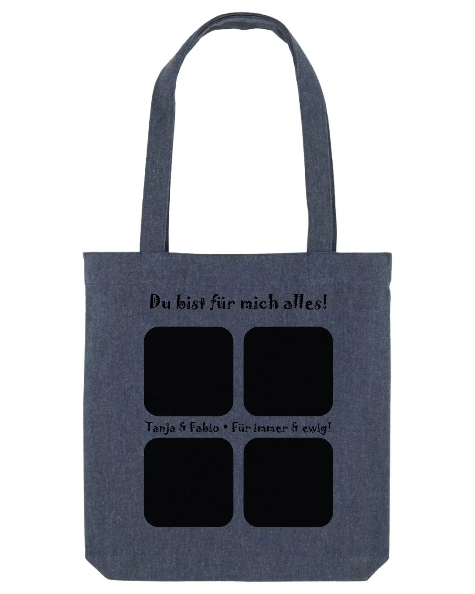 Graue canvas-tasche mit schwarzen textdruck und vier quadratischen ausschnitten aus der statement-collection