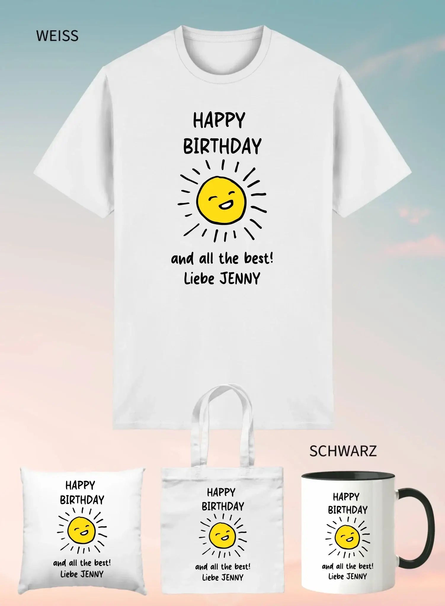 Weißes unisex baumwoll t-shirt mit fröhlicher gelber sonnengrafik und text happy birthday und alles gute liebe jenny