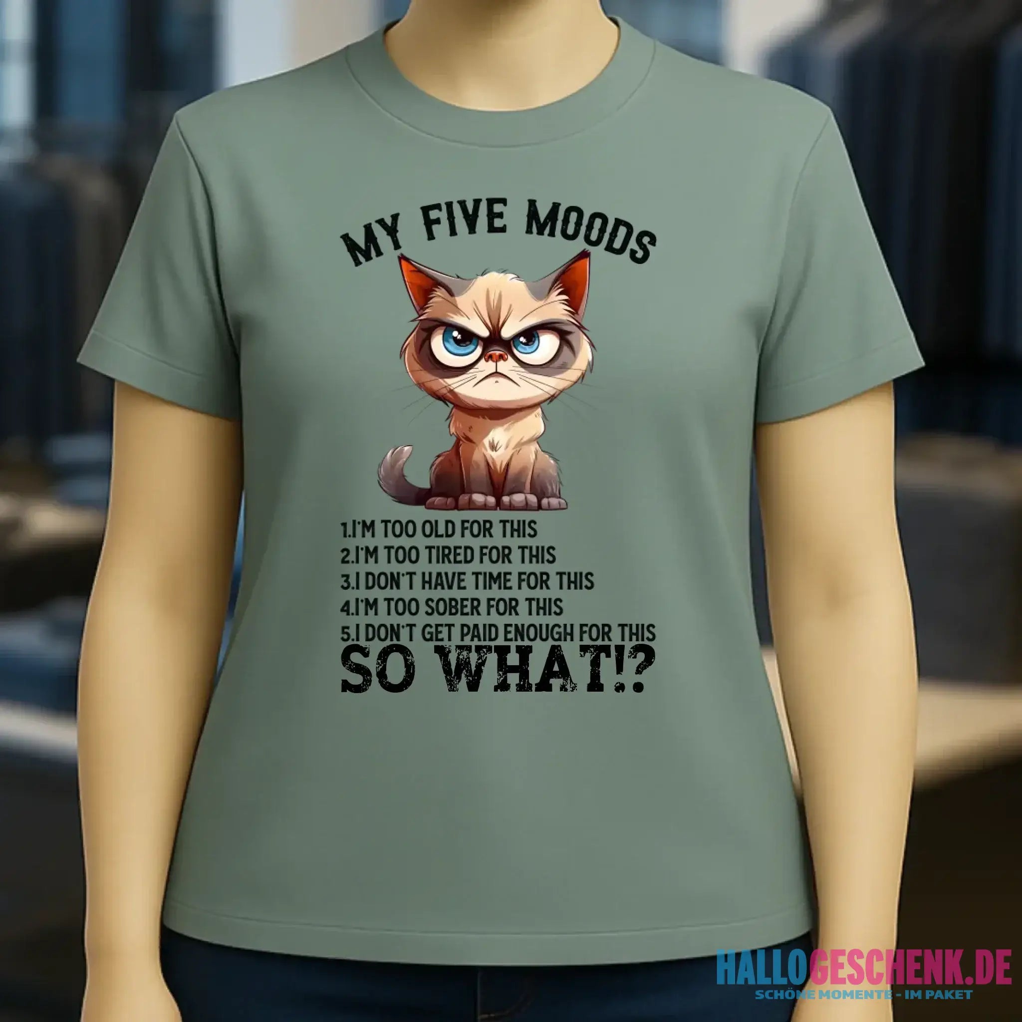 5 MOODS • Katze • Ladies Premium T-Shirt XS-2XL aus Bio-Baumwolle für Damen • Exklusivdesign • personalisiert