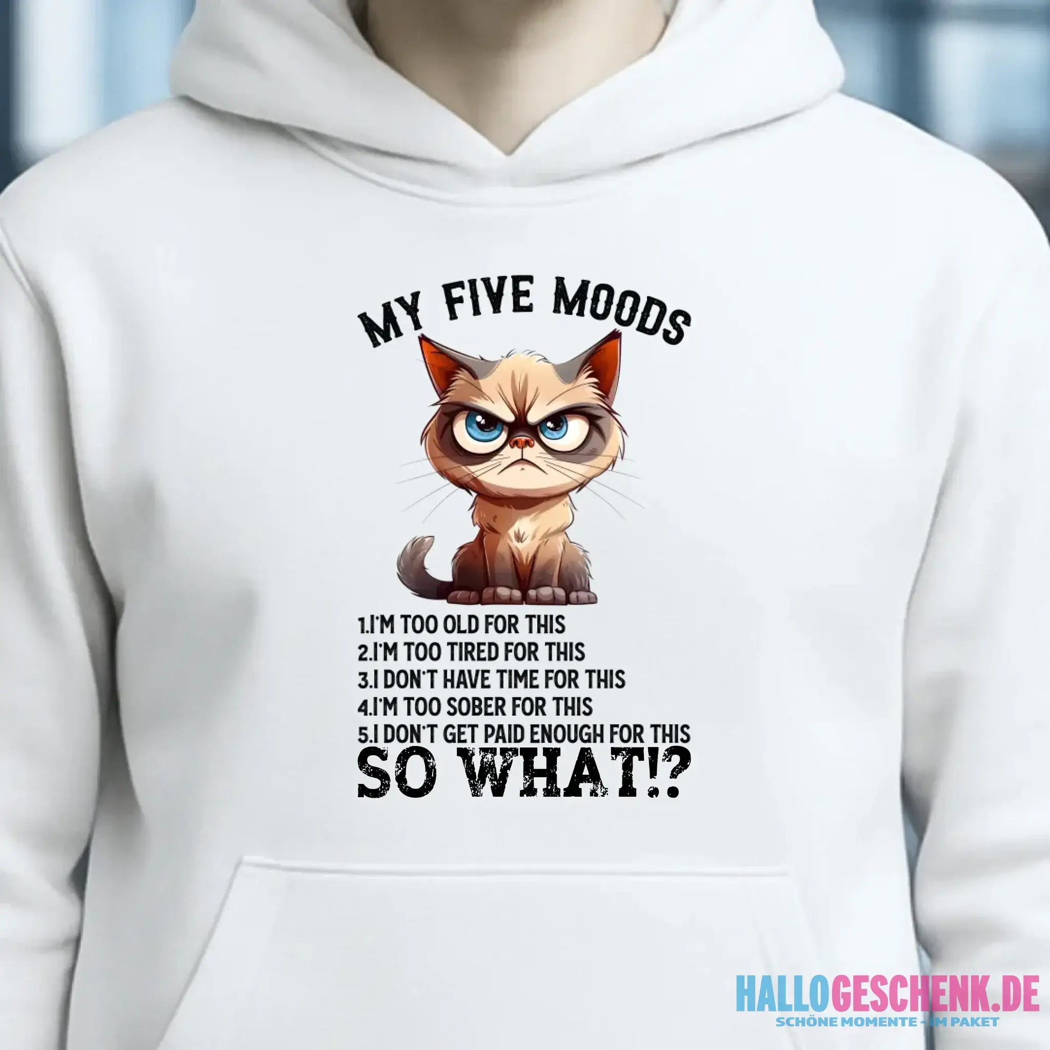 5 MOODS âą Katze âą Unisex Premium Hoodie XS-5XL aus Bio-Baumwolle fĂŒr Damen & Herren âą Exklusivdesign âą personalisiert