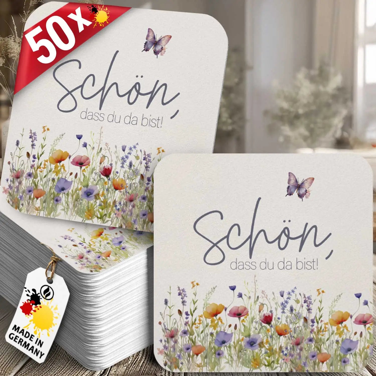 50 Bierdeckel Schön dass du da bist Floral Butterfly Wildblumen