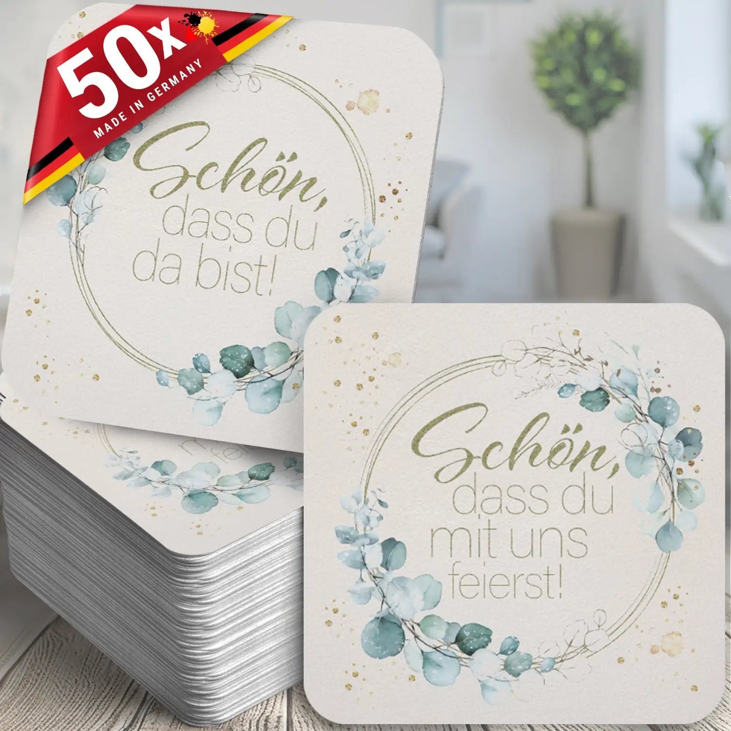 50x Bierdeckel ’Schön dass du da bist’ in Grün Floral mit Efeu