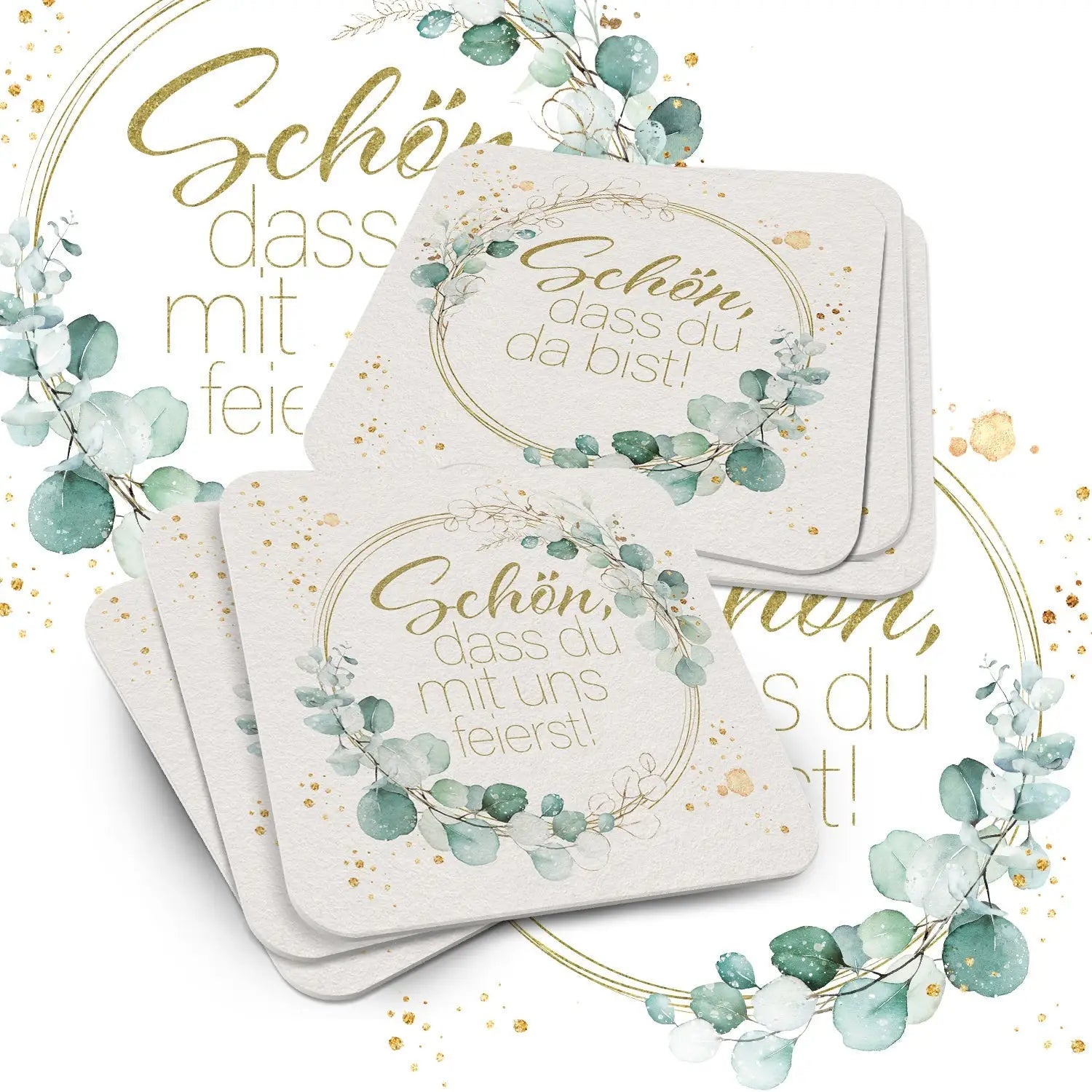 50x Bierdeckel ’Schön dass du da bist’ in Grün Floral mit Efeu