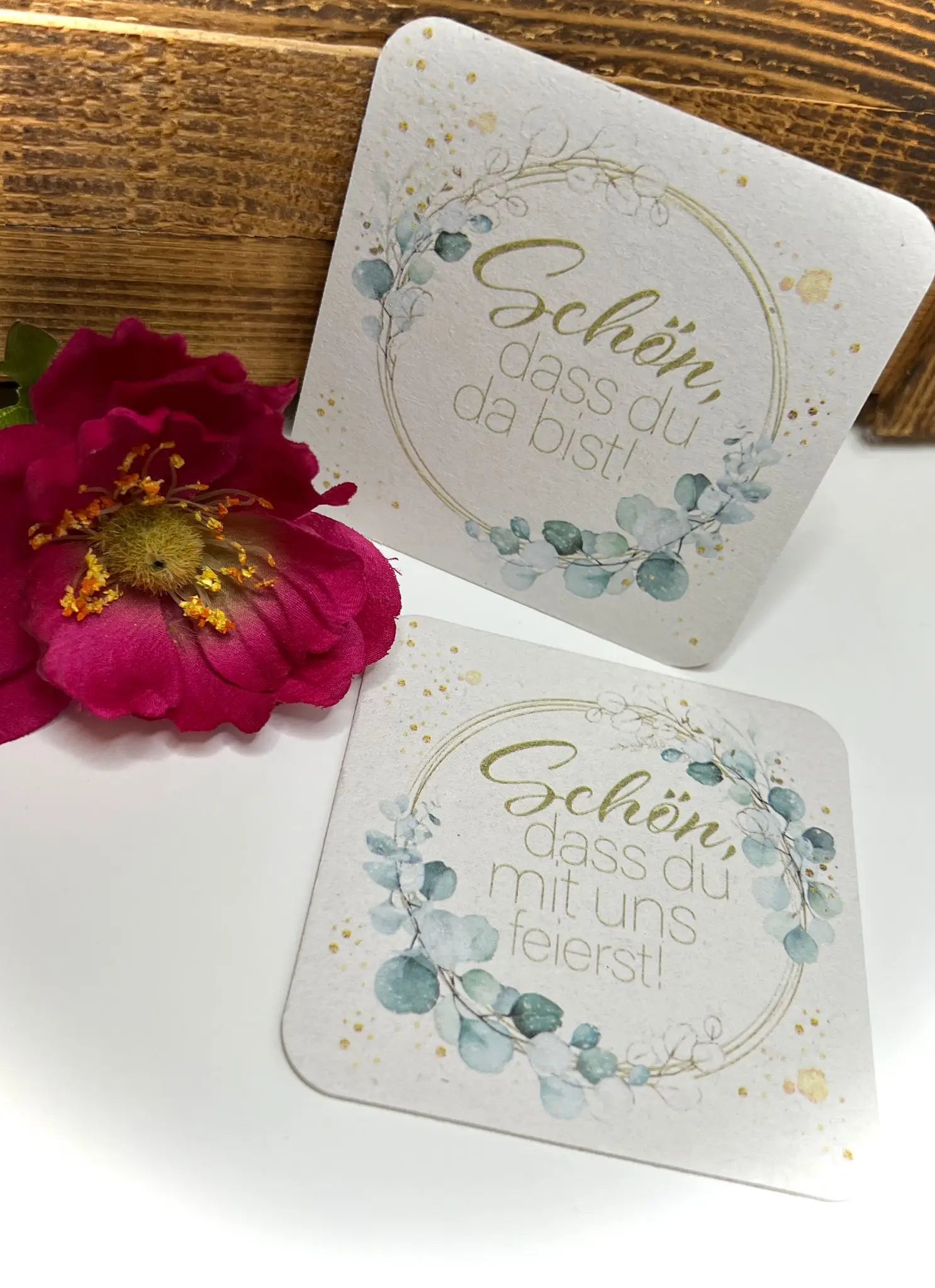 50x Bierdeckel ’Schön dass du da bist’ in Grün Floral mit Efeu