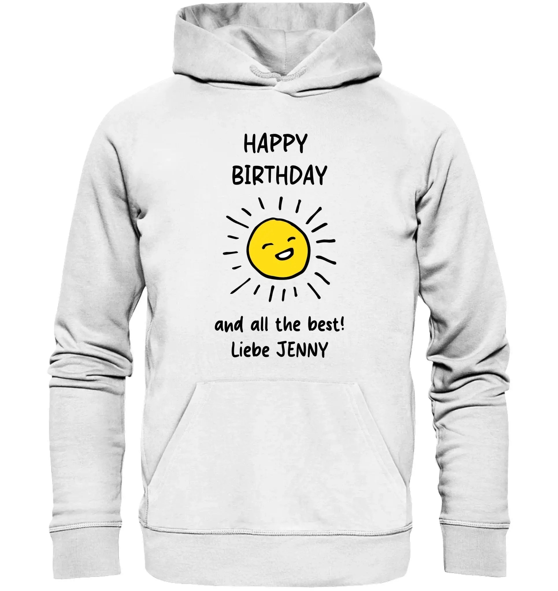 Weißer kapuzenpullover mit fröhlicher gelber sonne und schwarzem happy birthday text aus der geburtstag motiv 3 statement collection