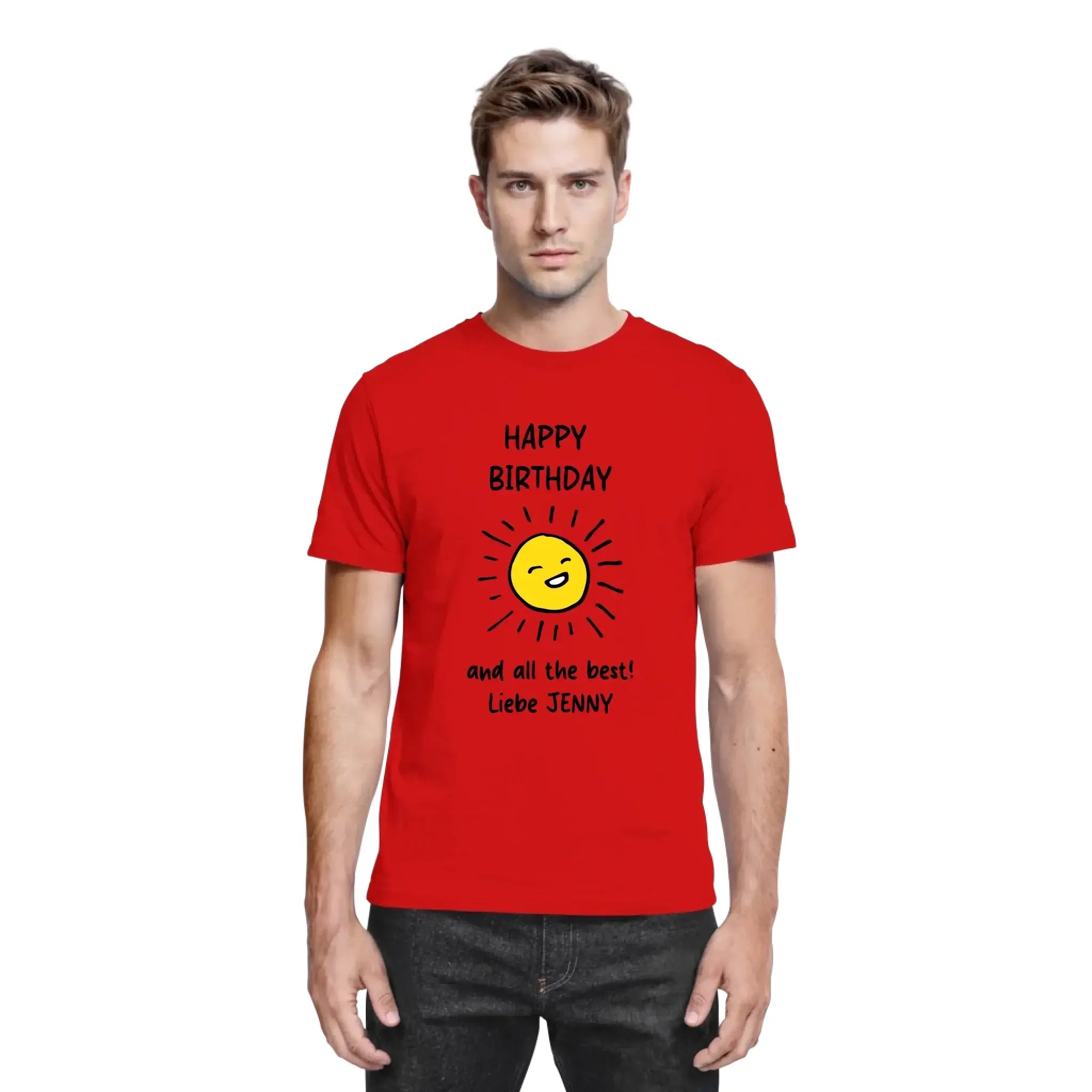 Rotes baumwoll t shirt mit fröhlicher gelber sonnengrafik und text happy birthday und alles gute liebe jenny aus der geburtstag motiv 7 kings collection