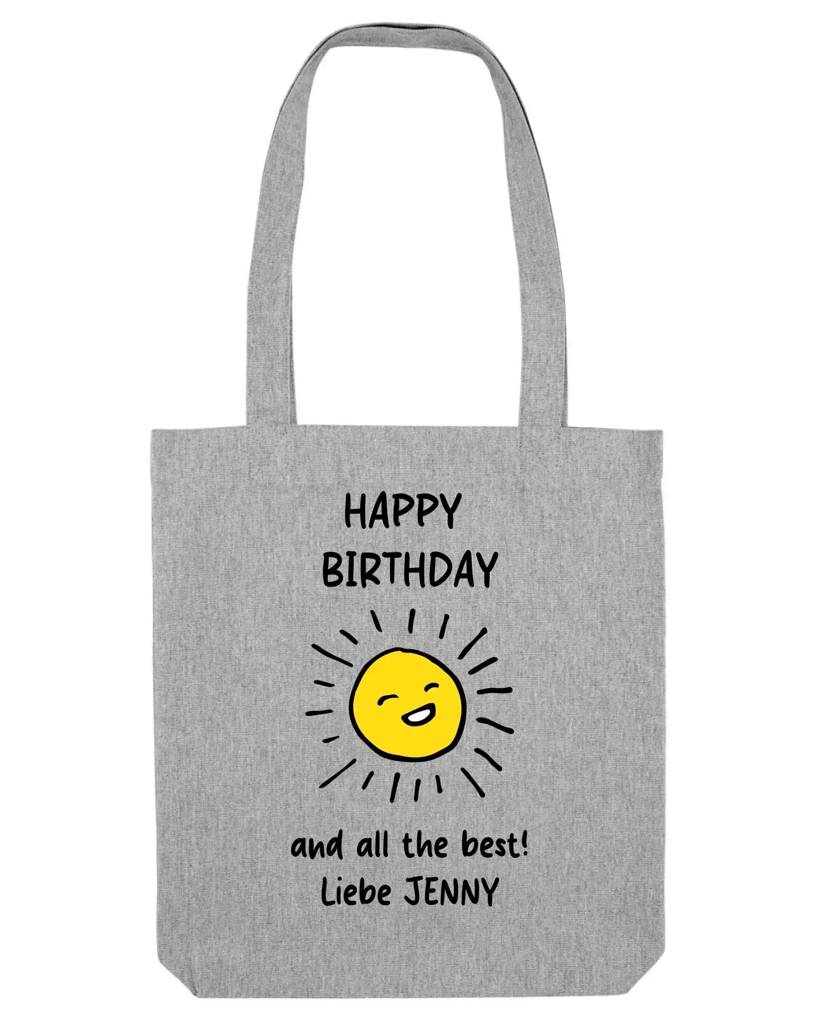 Graue leinentasche mit fröhlicher gelber lachender sonne und schwarzem text happy birthday und alles gute liebe jenny