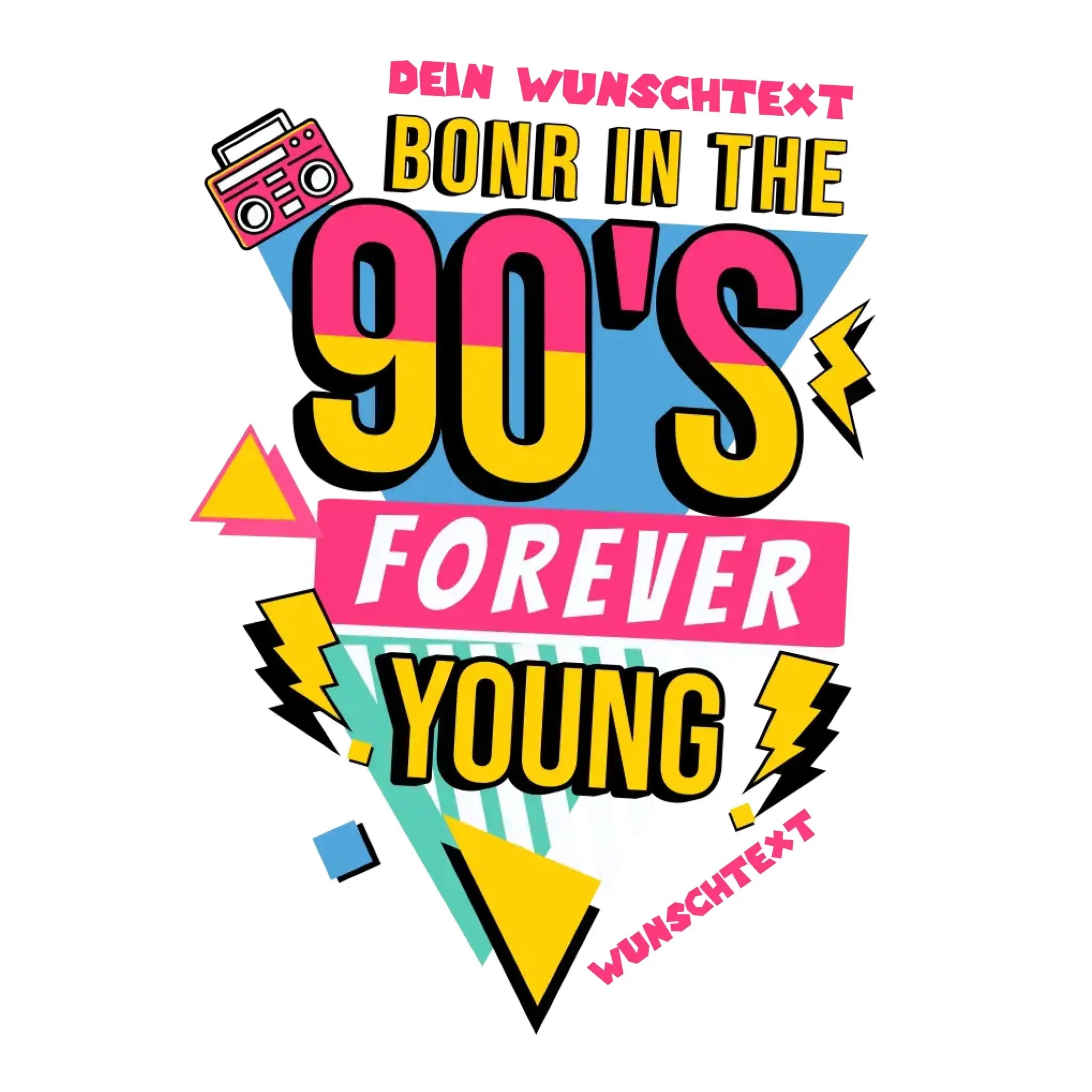 Vibrantes 90er jahre design mit pinker, gelber und blauer typografie und einem retro boombox illustration