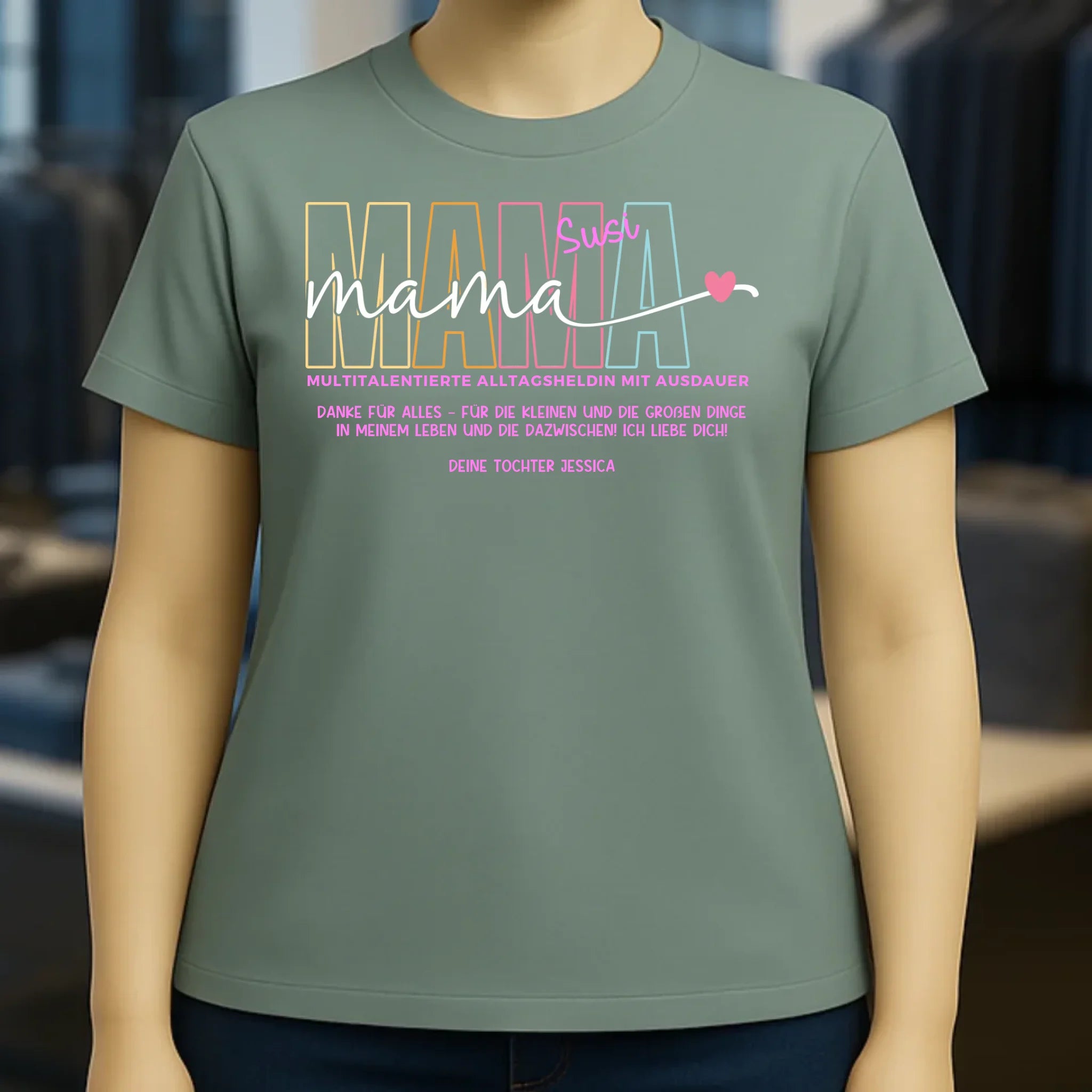MAMA: Multitalentierte Alltagsheldin mit Ausdauer + Wunschname + Botschaft • Ladies Premium T-Shirt XS-2XL aus Bio-Baumwolle für Damen • Exklusivdesign • personalisiert