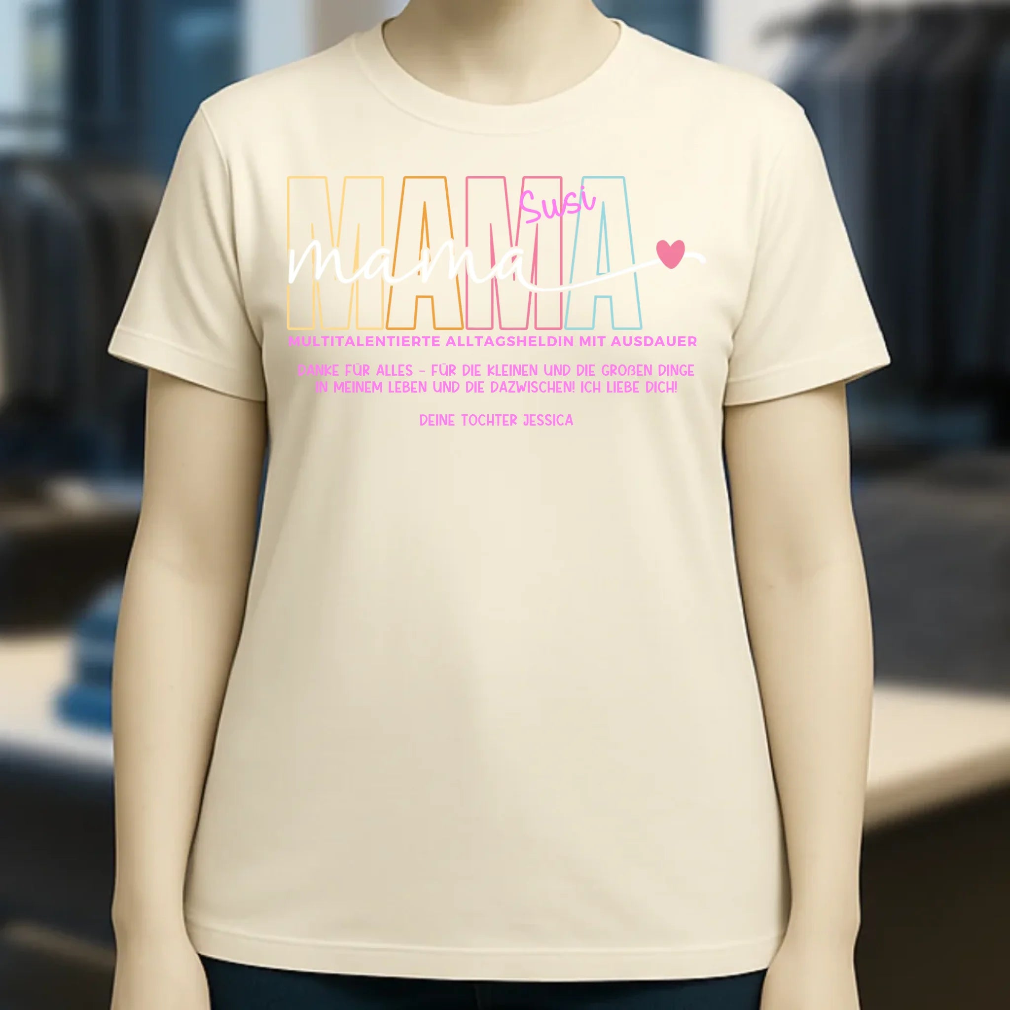 MAMA: Multitalentierte Alltagsheldin mit Ausdauer + Wunschname + Botschaft • Ladies Premium T-Shirt XS-2XL aus Bio-Baumwolle für Damen • Exklusivdesign • personalisiert